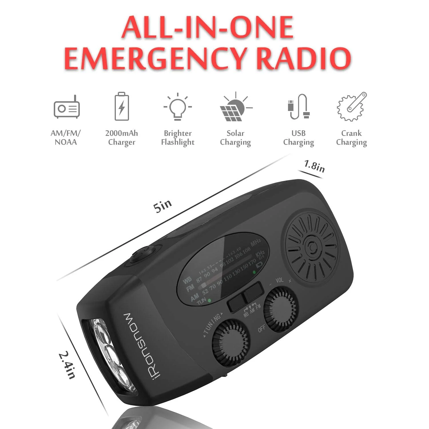 Solar Emergency NOAA Weather Radio Dynamo Hand Crank Self Powered AM FM WB Radios 3 LED Flashlight 2000mAh USB Smart Phone Charger Power Bank SOS Alarm (Black) IR088 Black - Image 3