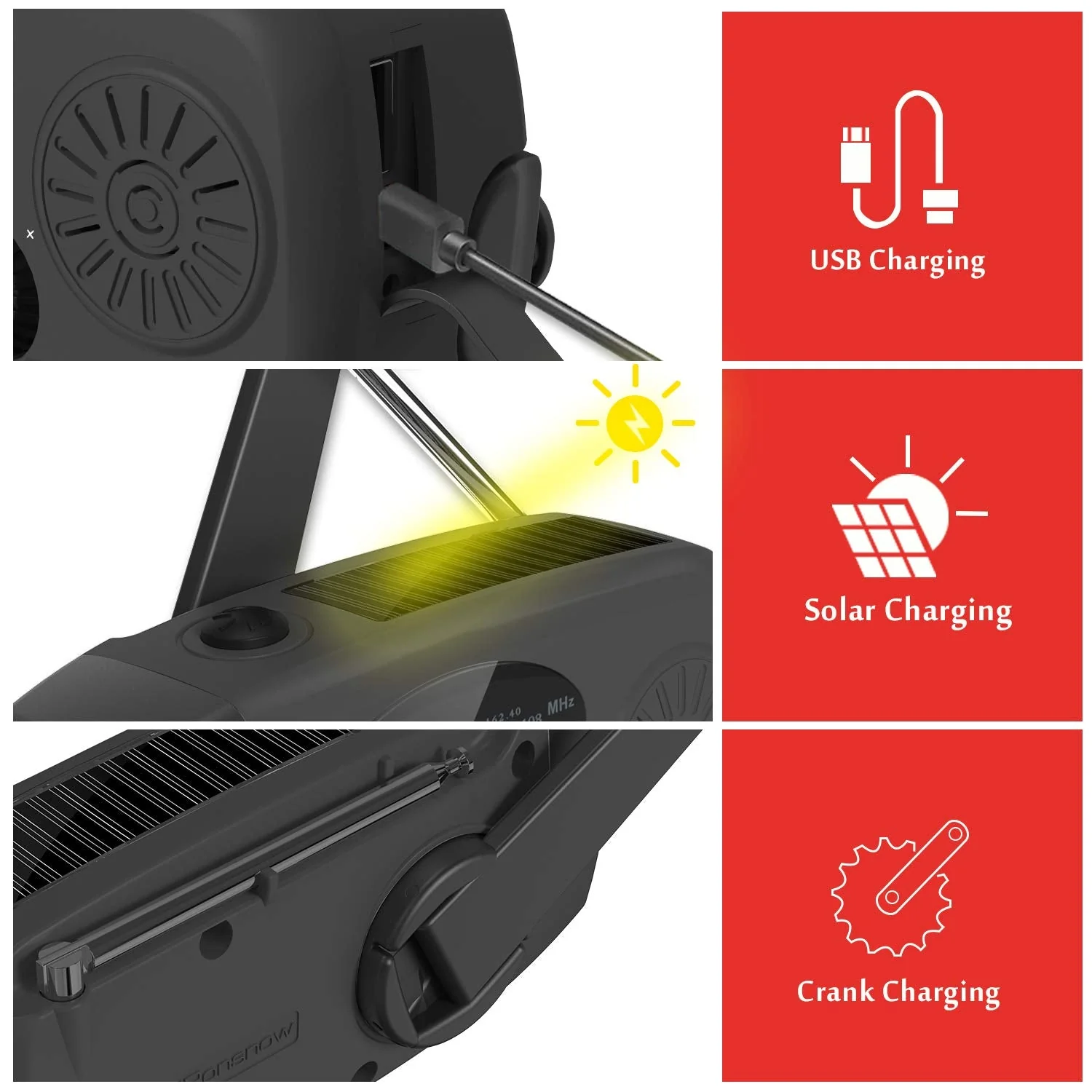 Solar Emergency NOAA Weather Radio Dynamo Hand Crank Self Powered AM FM WB Radios 3 LED Flashlight 2000mAh USB Smart Phone Charger Power Bank SOS Alarm (Black) IR088 Black - Image 4