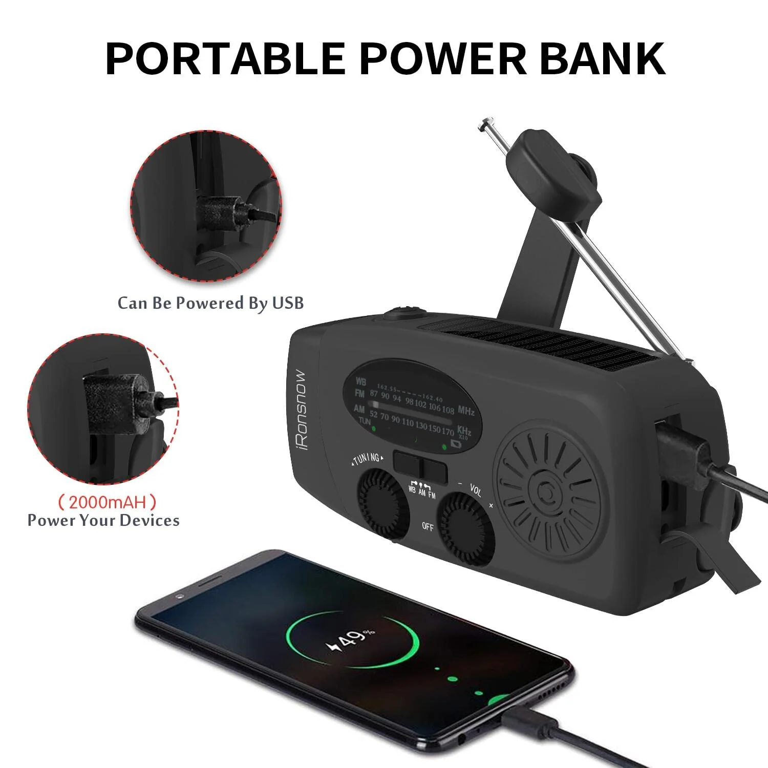 Solar Emergency NOAA Weather Radio Dynamo Hand Crank Self Powered AM FM WB Radios 3 LED Flashlight 2000mAh USB Smart Phone Charger Power Bank SOS Alarm (Black) IR088 Black - Image 5