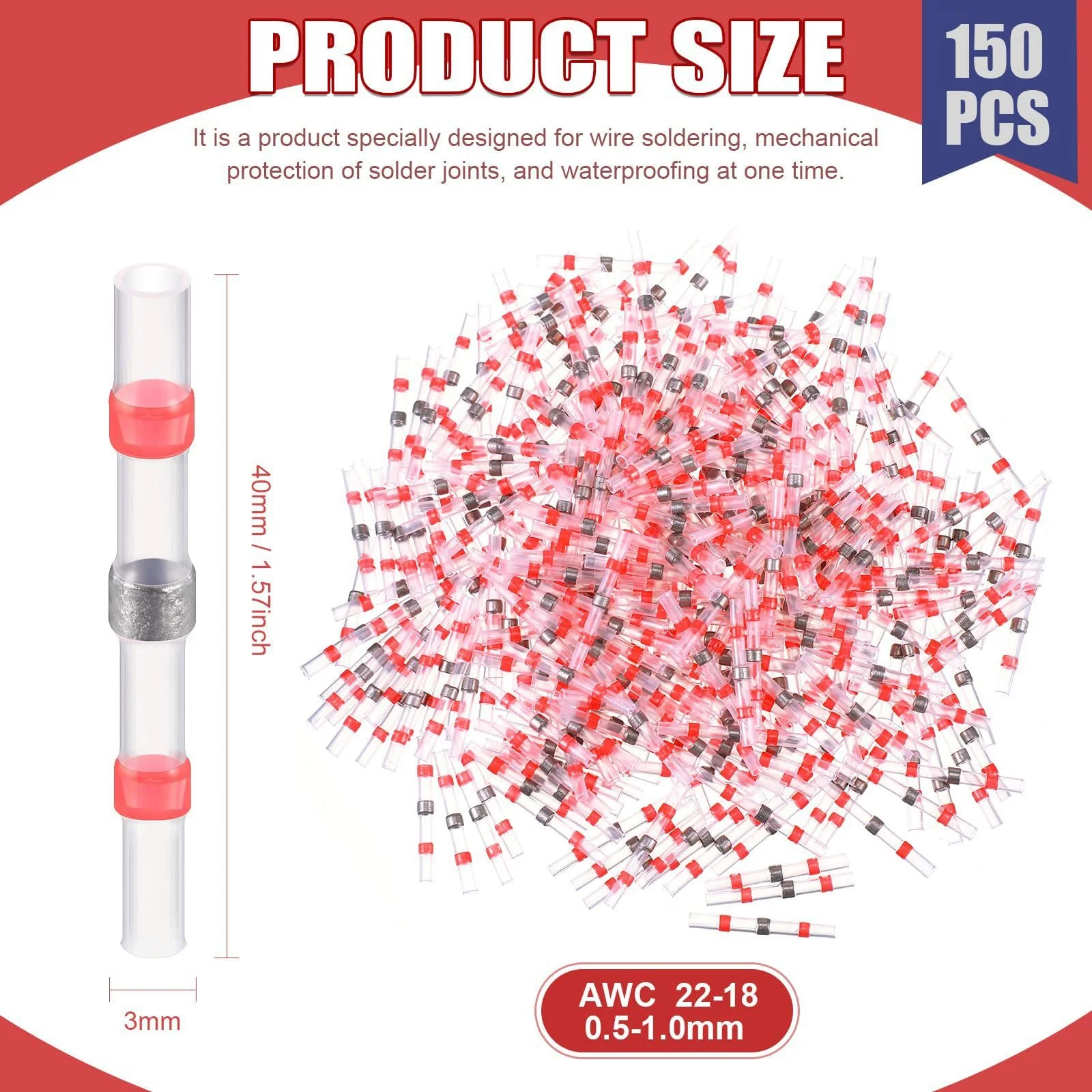 Solder Connector with Heat Shrink Tube, Pack of 150 Solder Connectors, Red, AWG22-18 Cable Connectors, Waterproof Heat Shrink Tubing, Insulated Crimp Connectors, Butt Connector for Automotive, 150pcs Red AWG22-18 - Image 2