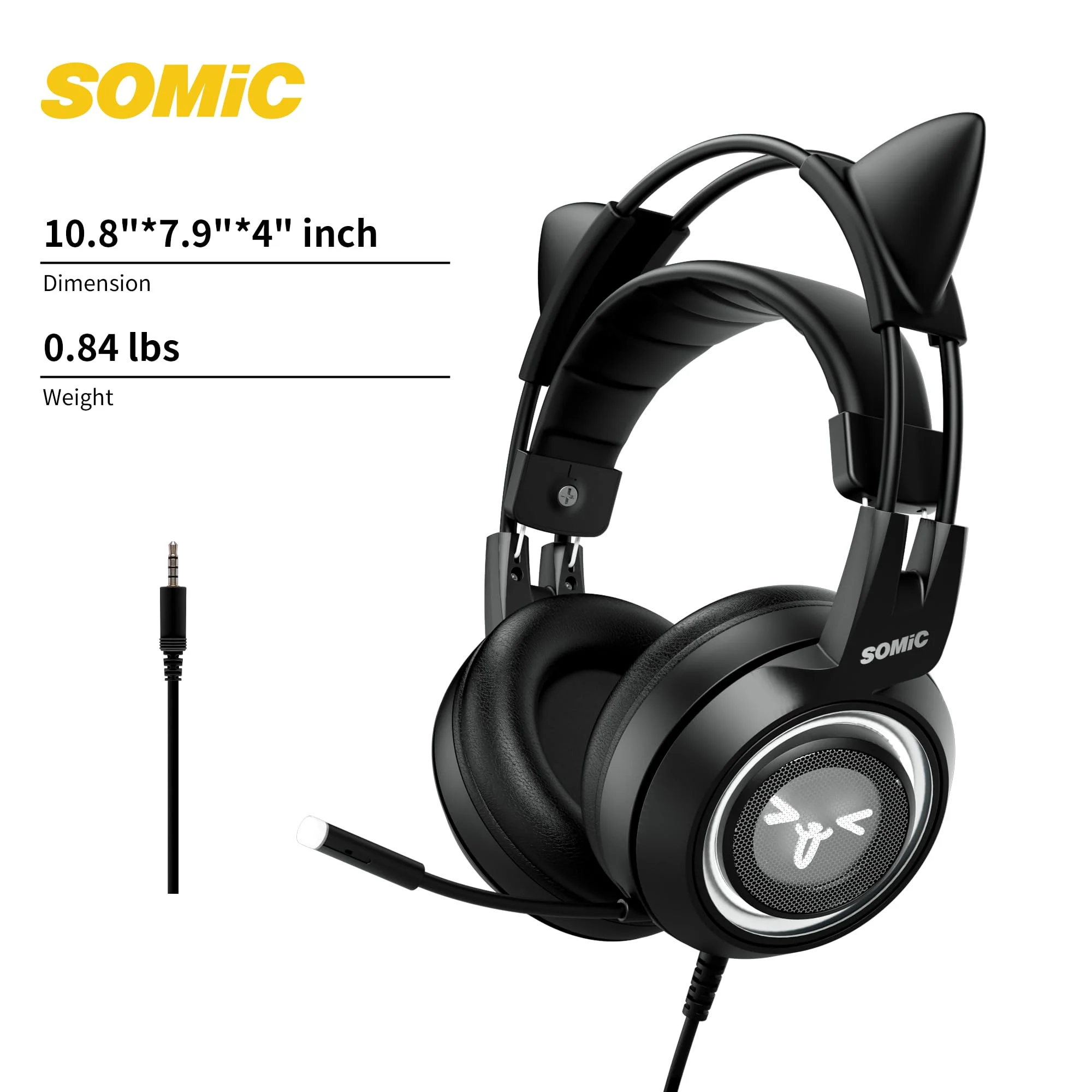 SOMIC Stereo Gaming Headset with Mic for PS4, PS5, Xbox One, PC, Mobile Phone, 3.5MM Sound Detachable Cat Ear Headphones Lightweight Self-Adjusting Over Ear Office Headphones G951S Black - Image 8