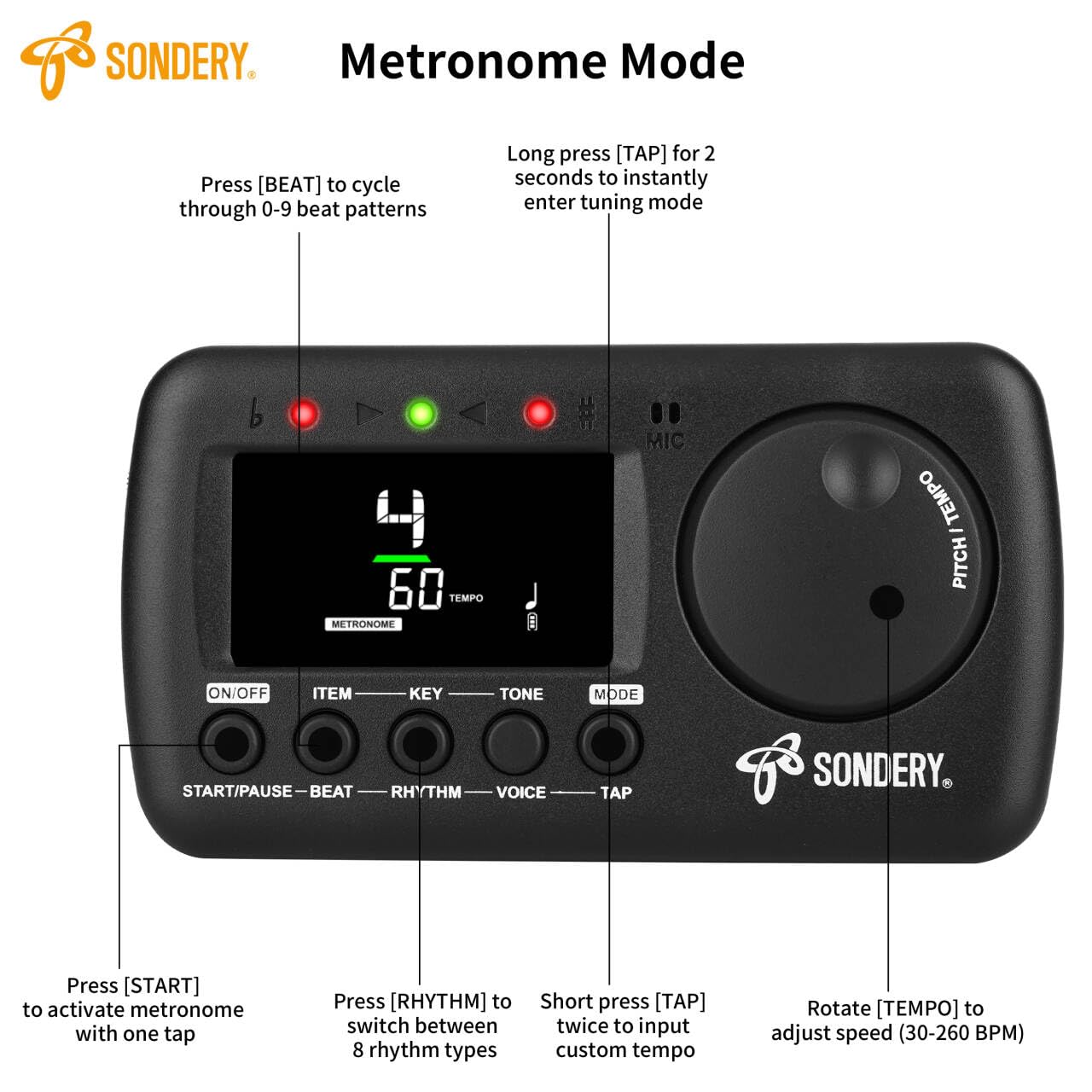 Sondery Digital Metronome Tuner 3 in 1, English Vocal Counting Metronome with Tap Tempo Chromatic Tuner Tone Generator Rechargeable Suitable for All Instruments - Image 2