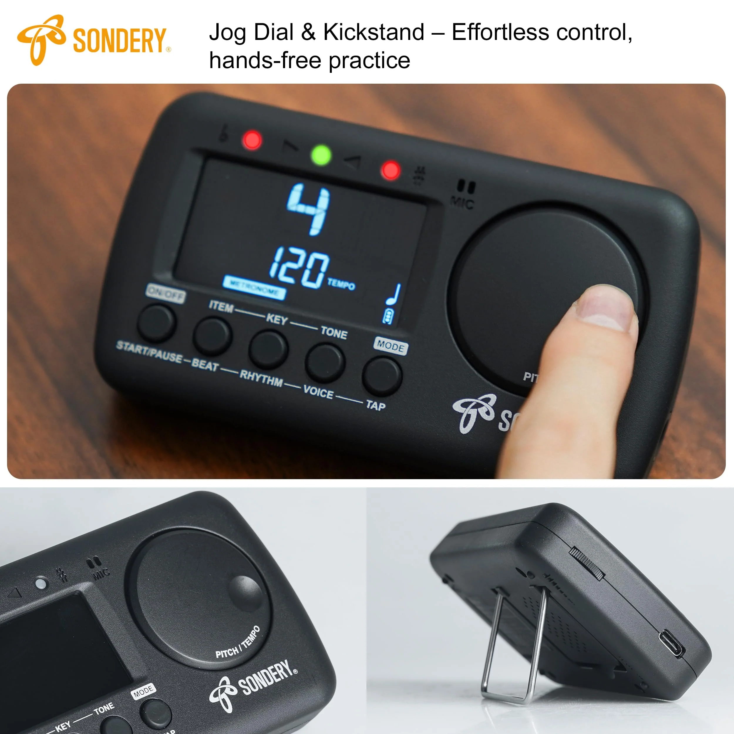 Sondery Digital Metronome Tuner 3 in 1, English Vocal Counting Metronome with Tap Tempo Chromatic Tuner Tone Generator Rechargeable Suitable for All Instruments - Image 5
