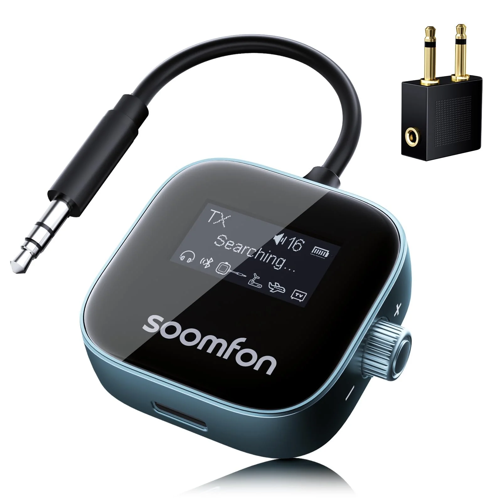 SOOMFON Airplane Bluetooth 5.3 Transmitter for 2 Airpods or Headphones 2-in-1 Airplane Bluetooth Adapter Receiver with LCD Display 3.5mm for Plane Flying Gym Car Home Stereo