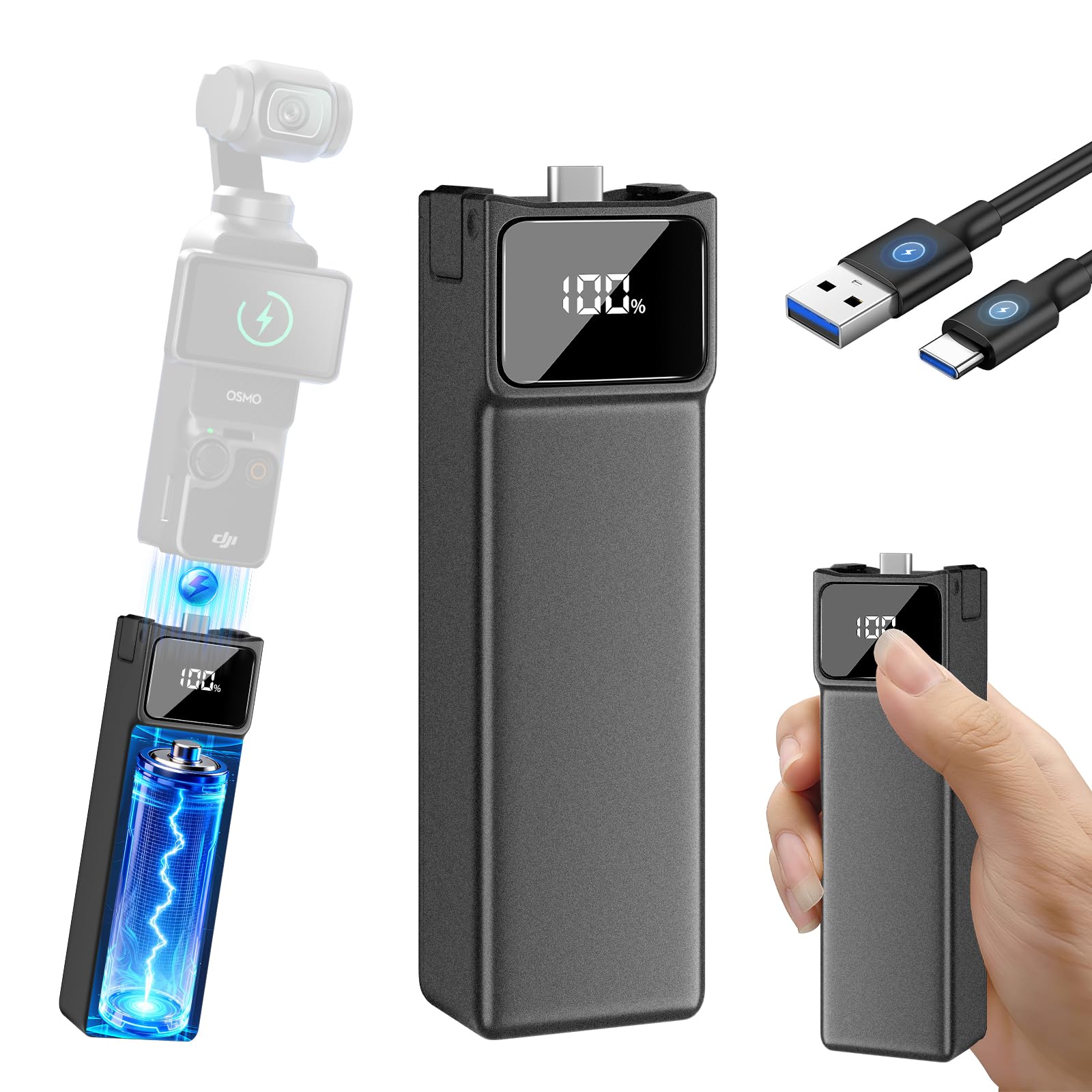Soonpho 5000mAh Battery Handle for DJI Osmo Pocket 3,LED Digital Display,22.5W Fast Charging Battery Grip with 1/4" Thread for Vlogging,Travel,YouTube,Live Streaming Set B