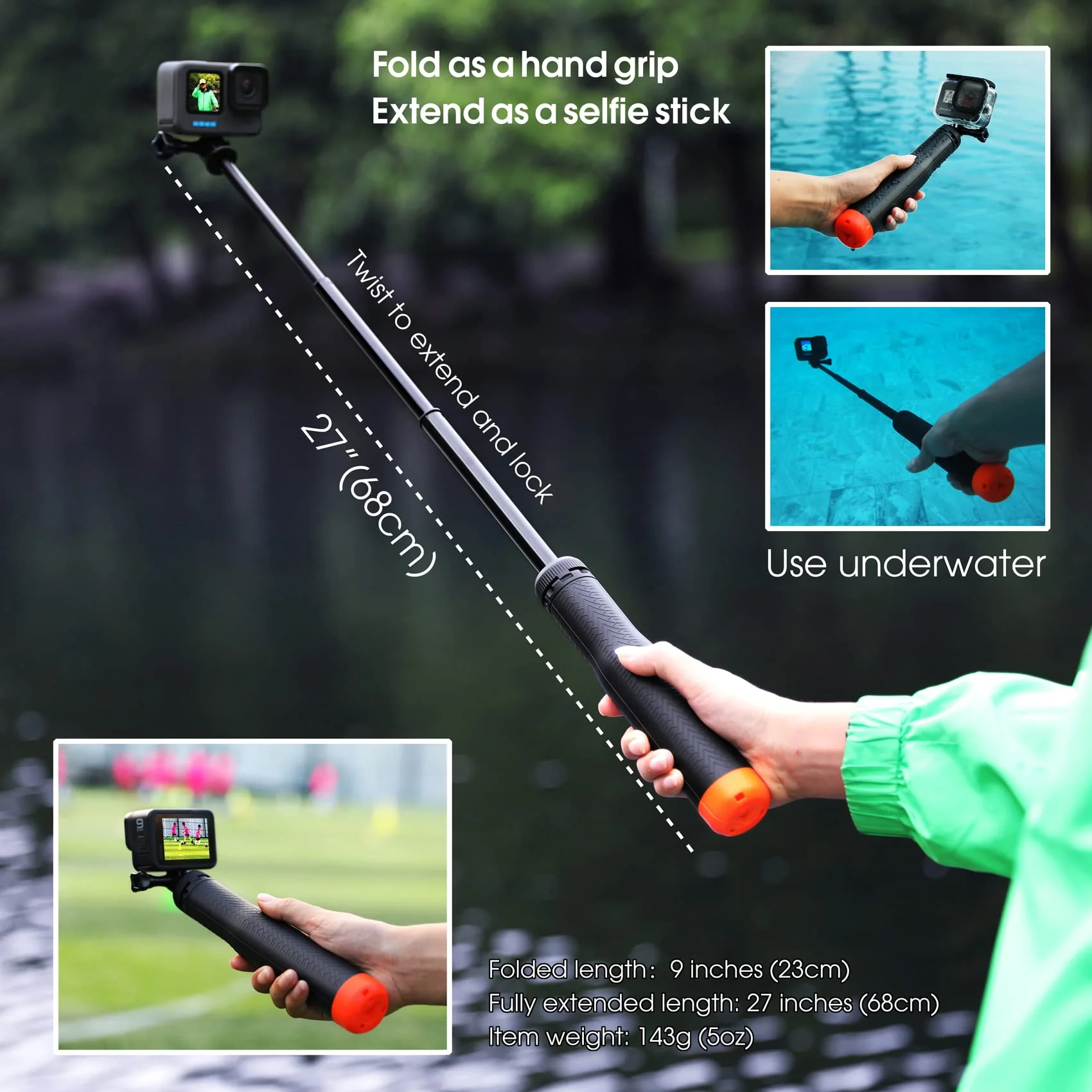 SOONSUN 4in1 Floating Selfie Stick Tripod for GoPro Hero 13 12 11 10 9 8 7 6 5 4 3 Session Max, AKASO, SJCAM Action Camera - As Waterproof Extension Monopod Pole Floating Handle Grip Tripod Stand Red - Image 5