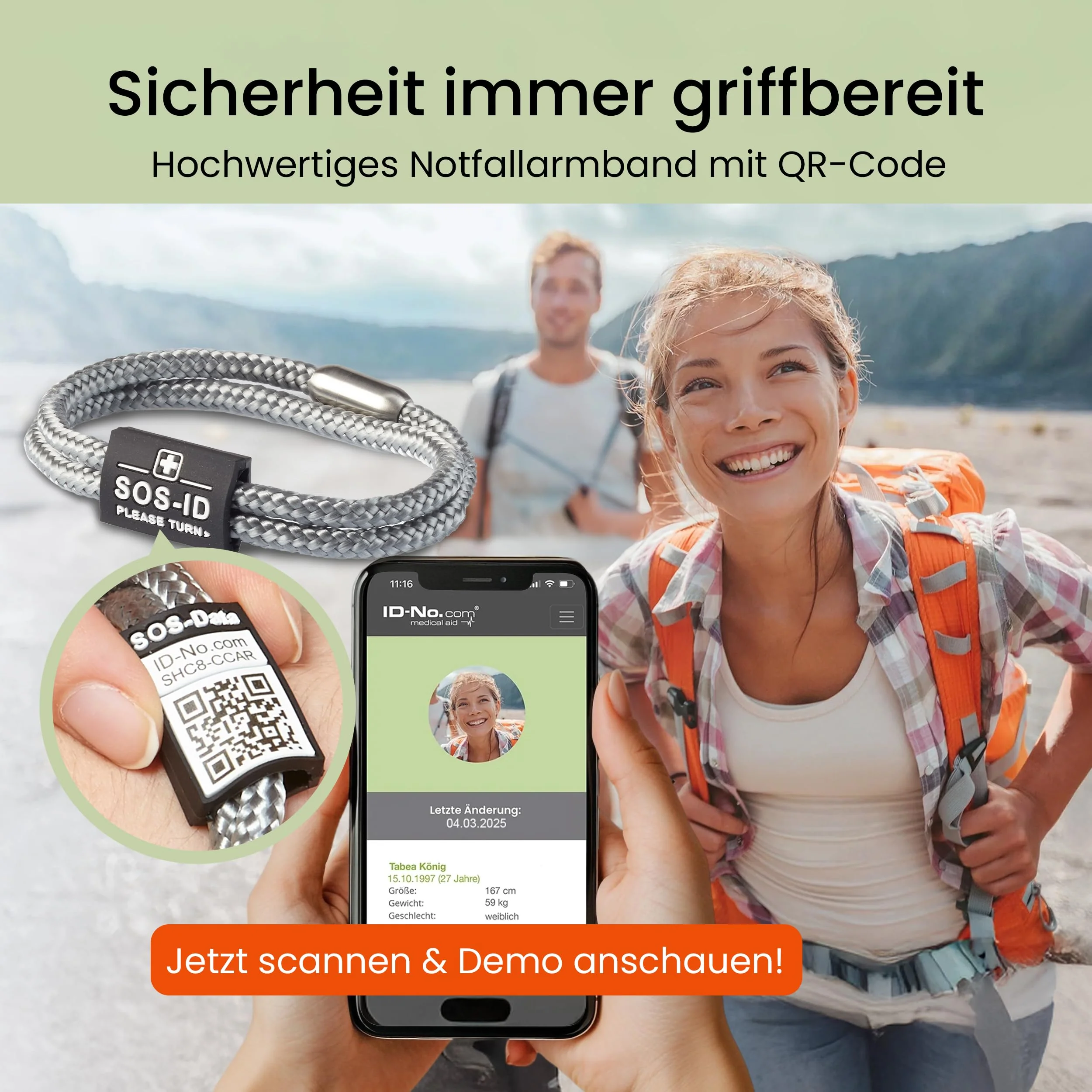 SOS-ID Lifestyle Emergency Bracelet Made of Heavy Duty Sailing Rope with QR Code (M/Silver) - Durable & Waterproof SOS Bracelet for Emergencies - Quick Access to Health Data Medium silver - Image 2