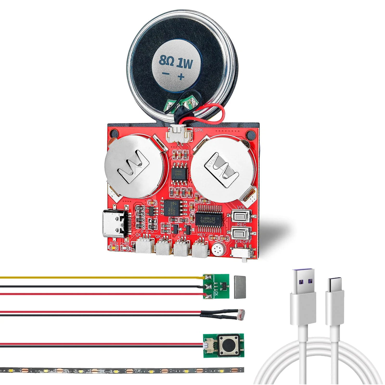 Sound Module, JRGKJCP 16MB Push Button, Magnetron,Light Control Activated Recordable Voice Sound Chip Module with Light Strip,Speaker,for Greeting Card Audiobook, Xmas Presents Boxes, Kids's Toys.