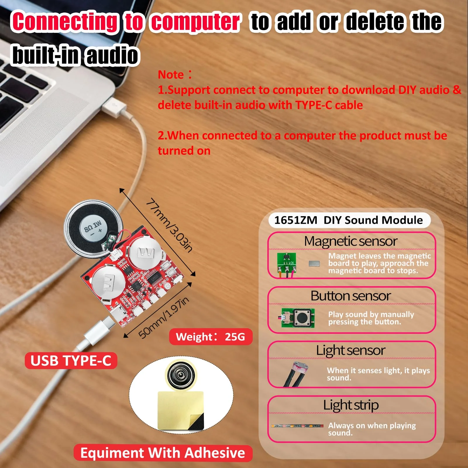 Sound Module, JRGKJCP 16MB Push Button, Magnetron,Light Control Activated Recordable Voice Sound Chip Module with Light Strip,Speaker,for Greeting Card Audiobook, Xmas Presents Boxes, Kids's Toys. - Image 5