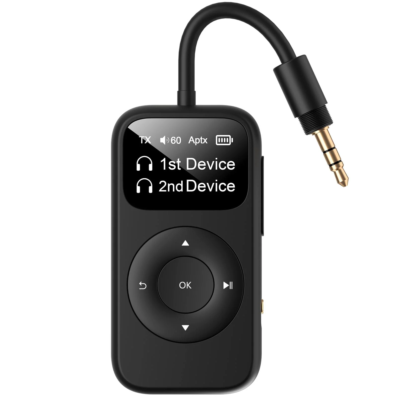 SoundSync Pro Bluetooth Transmitter & Receiver for Airplane, Easy Setup Bluetooth Audio Transceiver for 2 BT Devices, Volume Control, RCA for TV Black