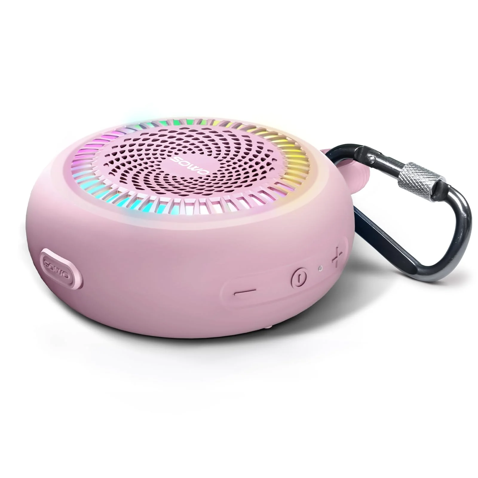 SOWO Small Waterproof Speaker Bluetooth Portable Wireless - Clip Speaker for Shower - Powerful Bass and Louder Volume - Colorful Lights and Lightweight for Travel,Kitchen,Pool - Pink