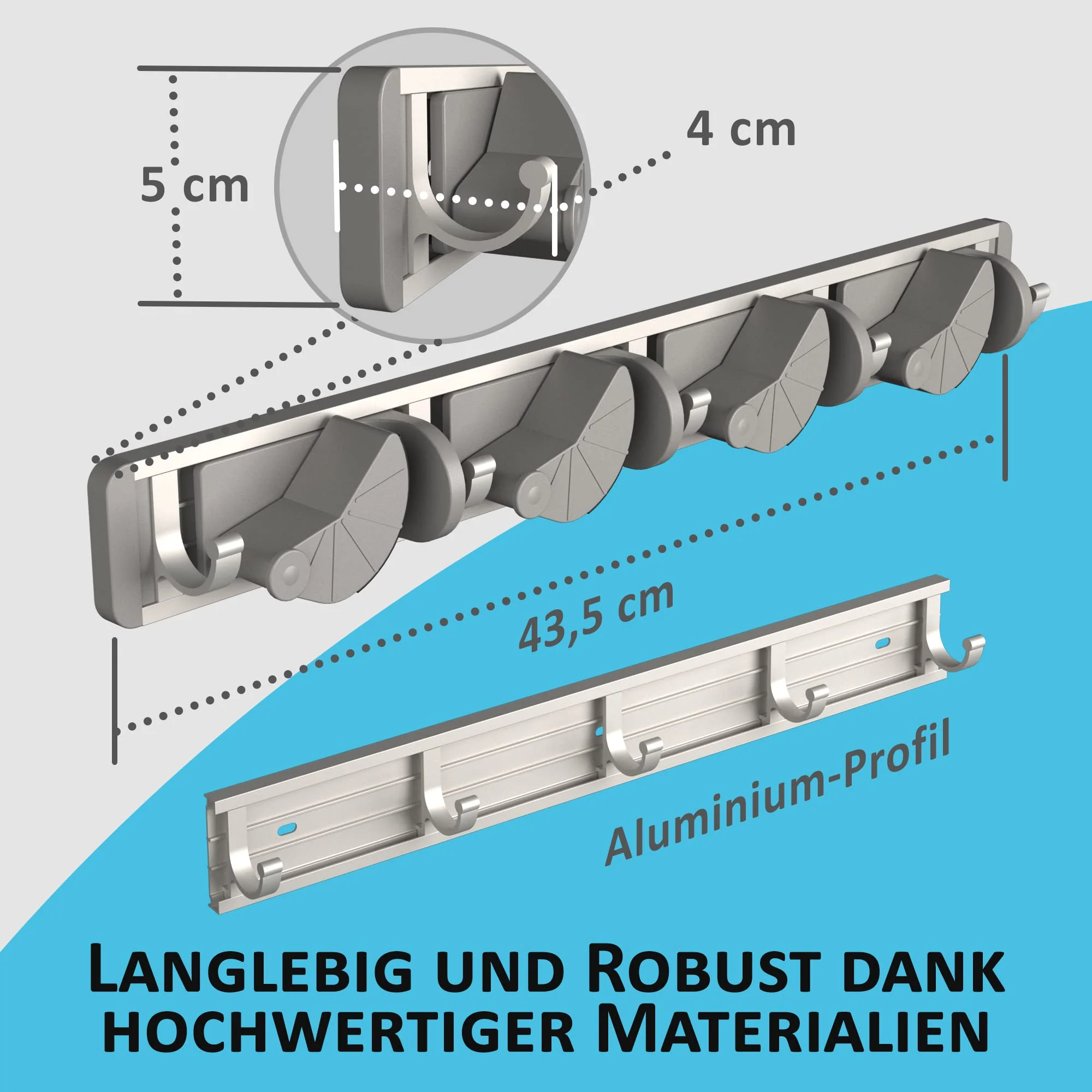 Space-saving tool holder [set of 2] - aluminium profile with 4 individually positionable brackets and 5 hooks [for brooms, garden tools, tools] - ideal in garage, workshop and garden - Image 4