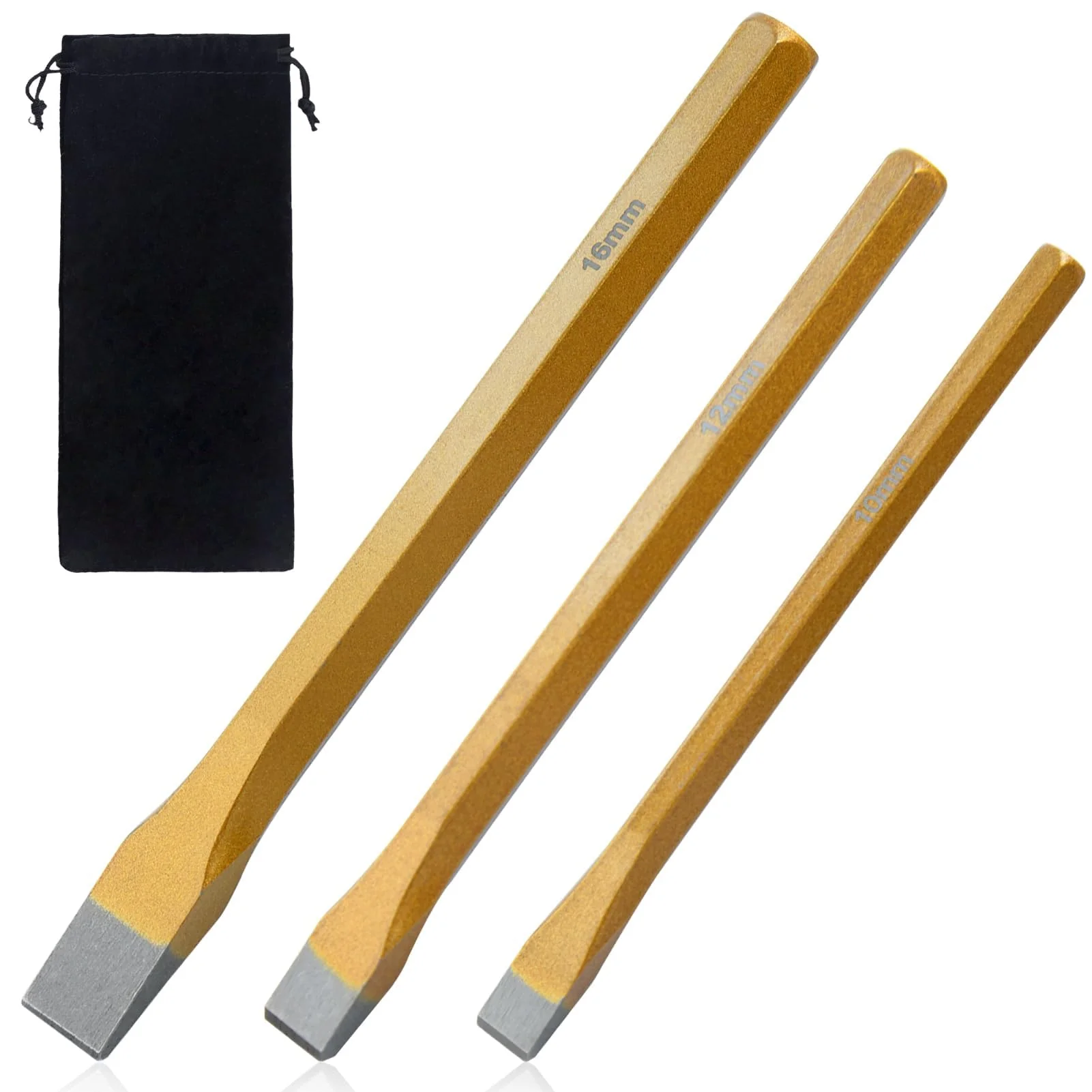 SPEEDWOX 3 Piece Heavy Duty Cold Chisel Set, 3/8", 1/2", 5/8", Metal, Burel Set, Cold Steel Rock, Burel Comes In A Roll-up Storage Bag For Cutting Rivets And