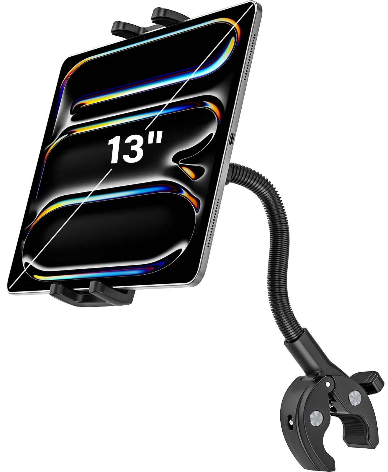Spin Bike Tablet Holder, Metal Gooseneck Treadmill Tablet Mount, Anti-Shake Treadmill Tablet Mount, Stationary Elliptical Handlebar Clamp for iPad Pro 13 12.9 Mini Air, Tab, Z Fold,4-13" Device