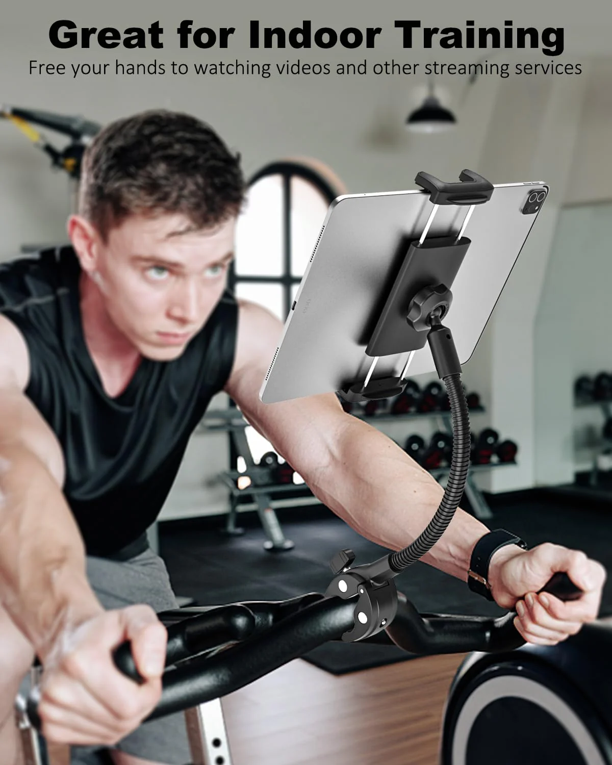 Spin Bike Tablet Holder, Metal Gooseneck Treadmill Tablet Mount, Anti-Shake Treadmill Tablet Mount, Stationary Elliptical Handlebar Clamp for iPad Pro 13 12.9 Mini Air, Tab, Z Fold,4-13" Device - Image 3