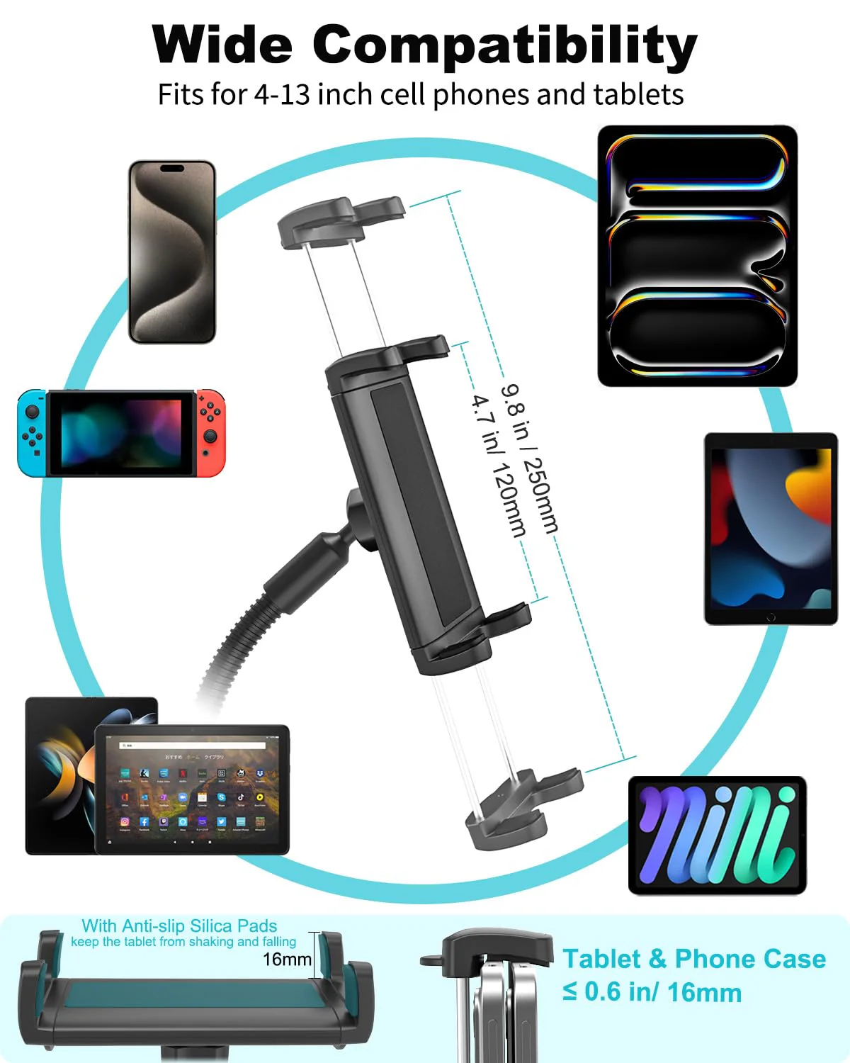 Spin Bike Tablet Holder, Metal Gooseneck Treadmill Tablet Mount, Anti-Shake Treadmill Tablet Mount, Stationary Elliptical Handlebar Clamp for iPad Pro 13 12.9 Mini Air, Tab, Z Fold,4-13" Device - Image 5