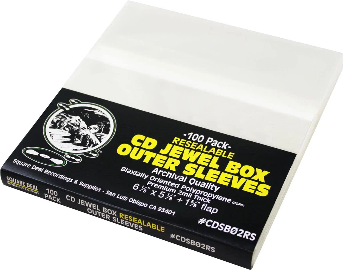 Square Deal Recordings & Supplies - CD Sleeves - RESEALABLE Premium 2mil Thick - Archival Quality, Crystal Clear - Holds 1 Standard 10.4mm CD Jewel Box (100 Sleeves)