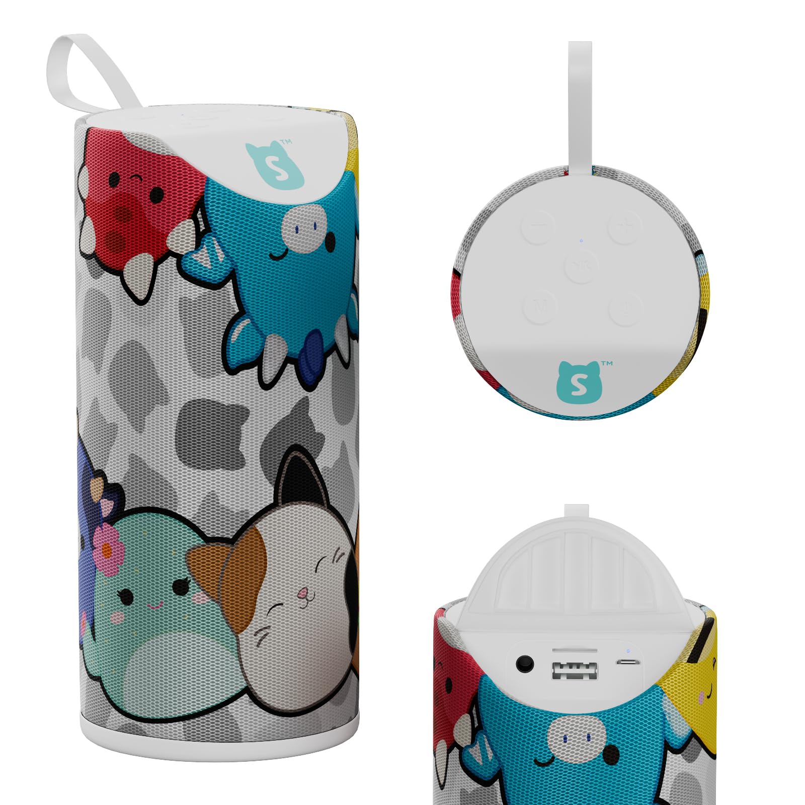 Squishmallows Wireless Bluetooth Speaker - Splashproof Rechargeable Wireless Speaker With 3 Hours Playtime/SD Slot/FM Radio- Squishmallows Gifts for Girls, Boys, Women, Men and All Squish Squad Fans Black/White Multi