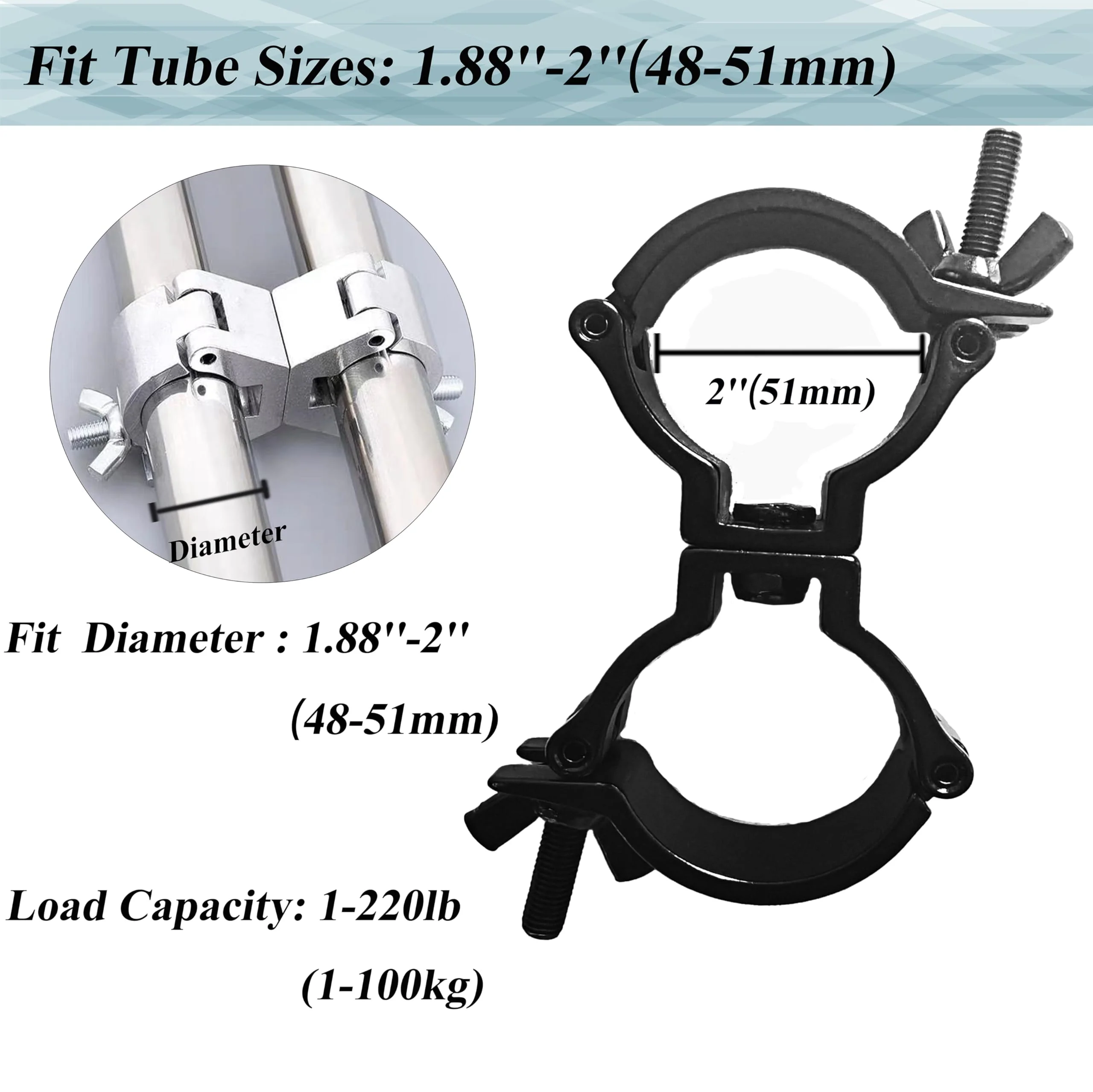 Stage Lights Truss Swivel Coupler Clamp Fit Pipe 1.88-2inch (48-51mm) ， Heavy Duty Aluminum Alloy Truss DJ Stage Light O Clamps for 220lb (2pcs:black) 2pcs:black - Image 2