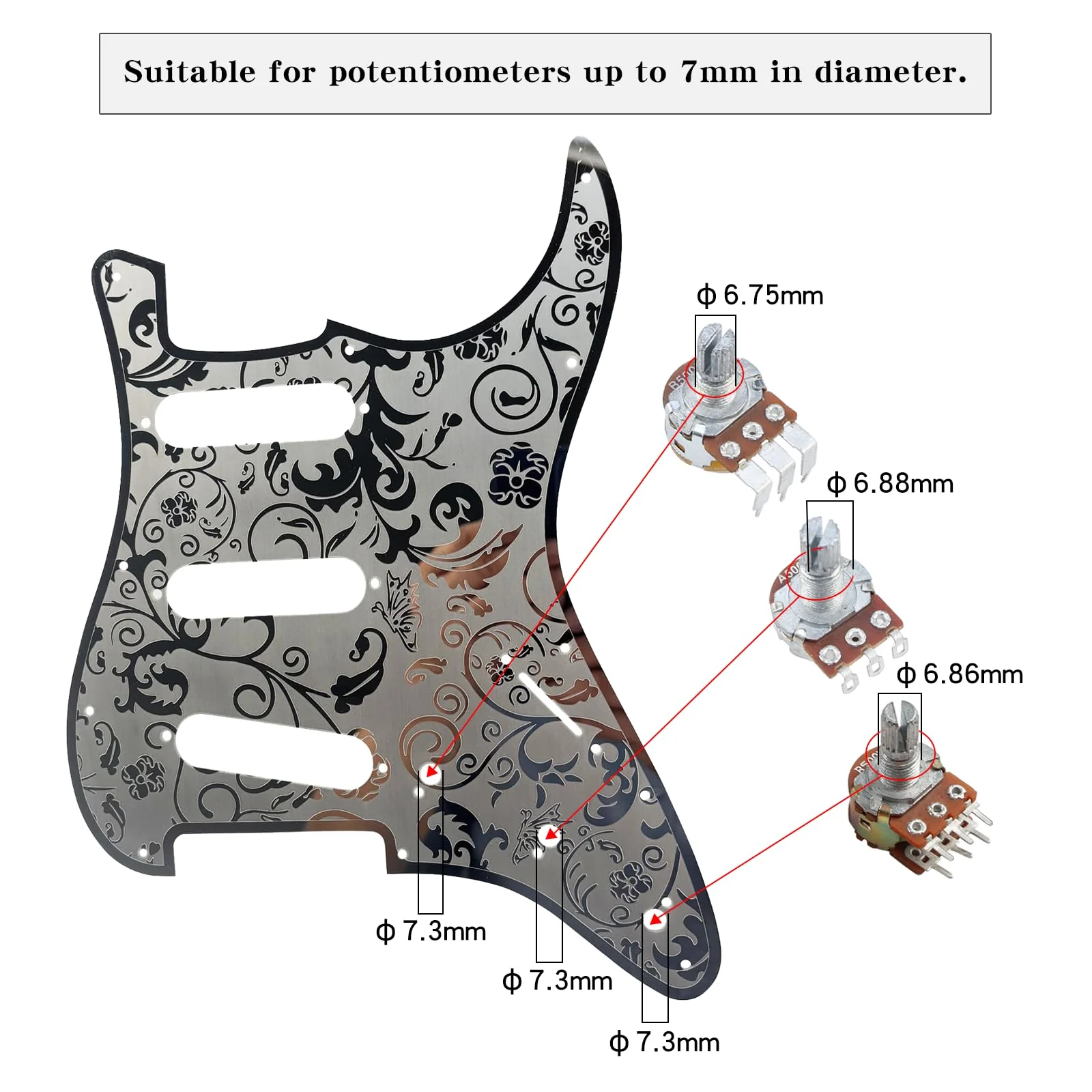 Stainless Steel Guitar Pick guard 11 holes SSS Single Coil Mounting Screws 9/32''Potentiometer Metal Electric Guitar Pickguard Compatible with Stratocaster Strat ST Style Guitar (Chrome) SSS-7mm Chrome - Image 2
