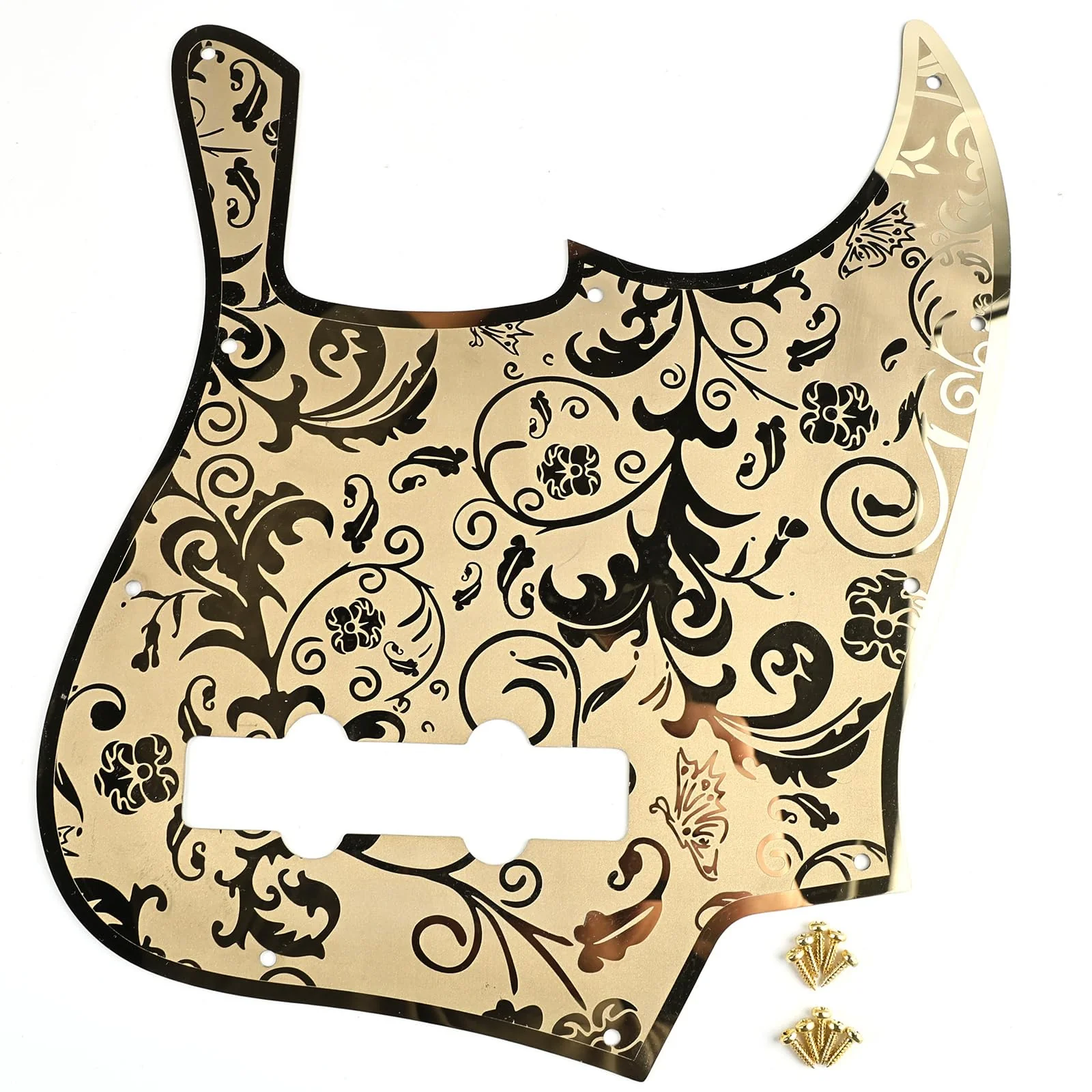 Stainless Steel J Bass Pick Guard Scratch Plate 10 Hole Engraved Metal Bass Pickguard with Mounting Screws Compatible with USA/Mexican Standard FD Jazz 4-String Bass Parts(Gold) Gold