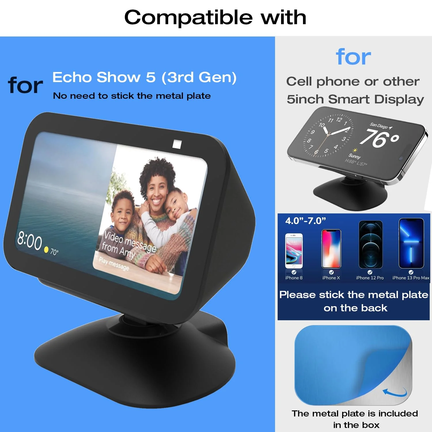 Stand for Echo Show 5 (3rd), Adjustable Height Tilt + Swivel Stand with Strong Magnetic, Rotates Side to Side, Compatible with Cell Phones & Show 5 (3/2/1 Gen) (Black) - Image 6