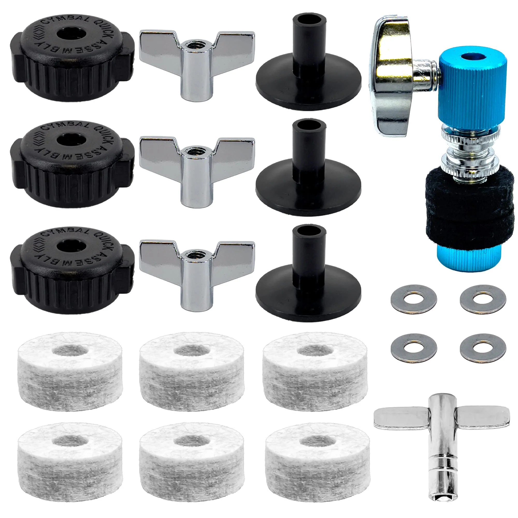 Standard Cymbal Replacement Accessories Set 21pcs - Hi-Hat Clutch, Cymbal Felts, Sleeves, Wing Nuts, Quick release Cymbel Nuts, Drum key & Washers for Drum Set Cymbal (Blue) Blue