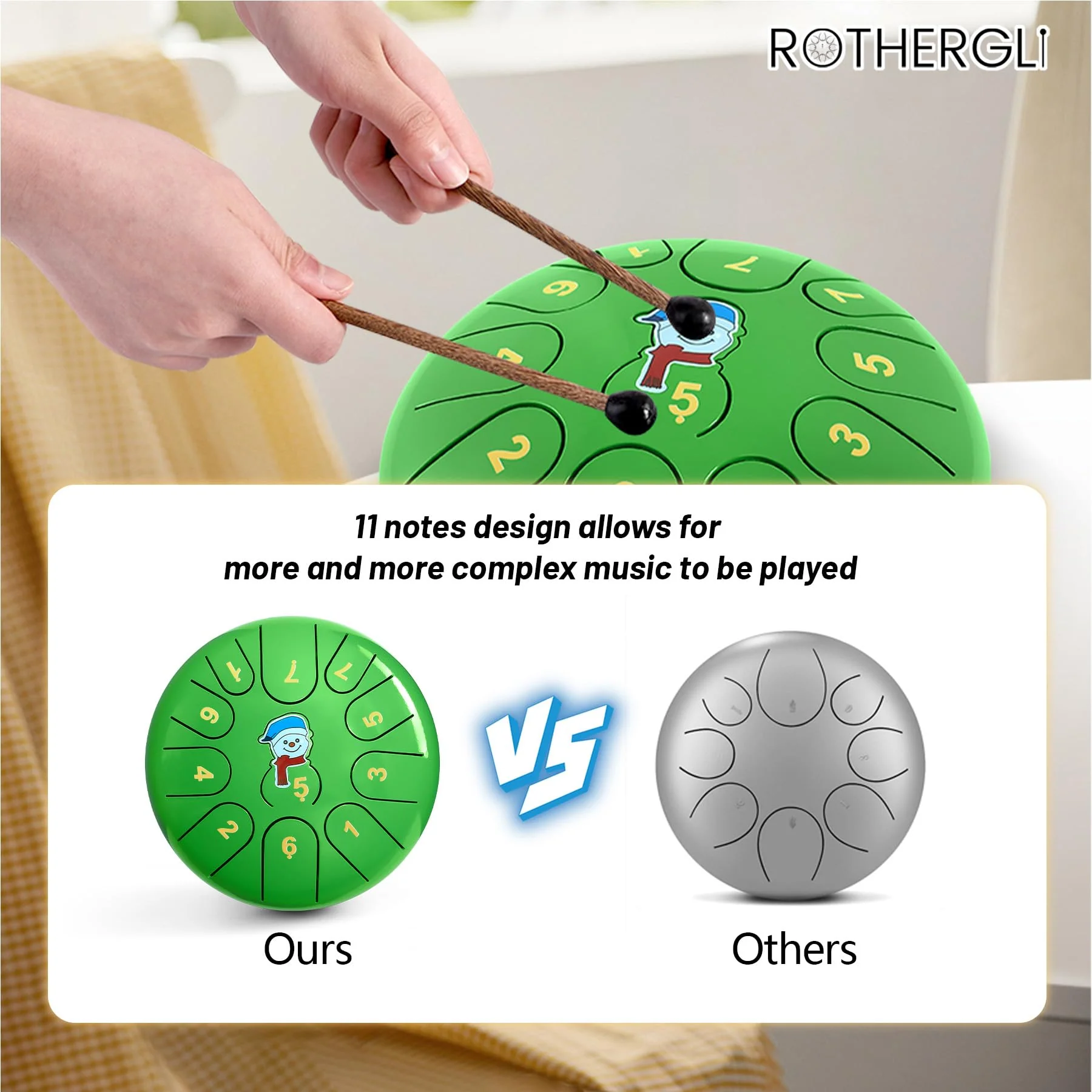 Steel Tongue Drum -11 Note 6 Inch Tongue Drum Instrument - Hand Pan Drums with Music Book, Steel Handpan Drum Mallets and Carry Bag, C Major for Meditation or Yoga,Gift for Kid or Adults(Green) Green - Image 5