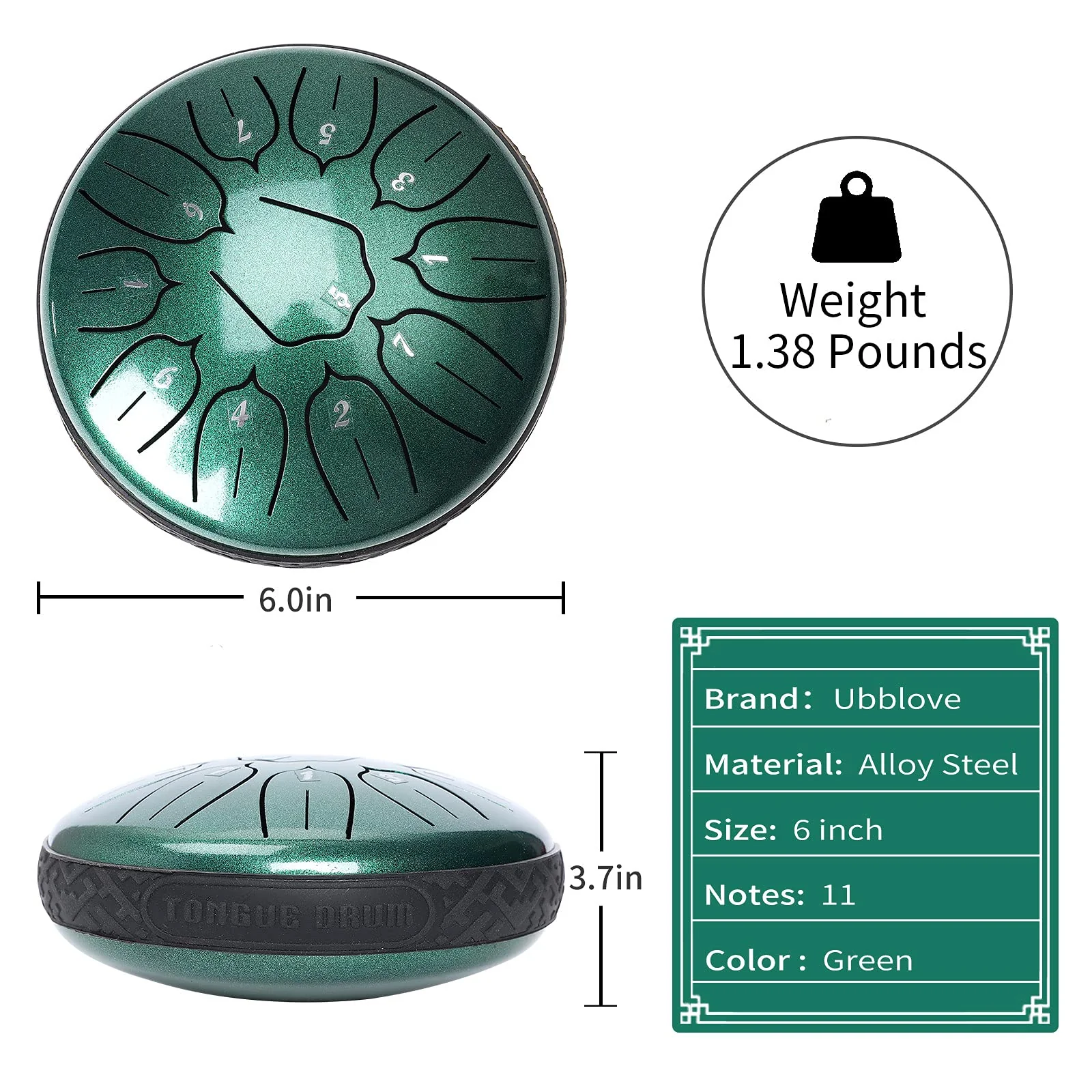 Steel Tongue Drum 11 Notes 6 inch Handpan Drum Percussion Instruments with Mallets Bag for Meditation Musical Education Concert Party Gifts - Green 6 inch 11 Notes Green - Image 5