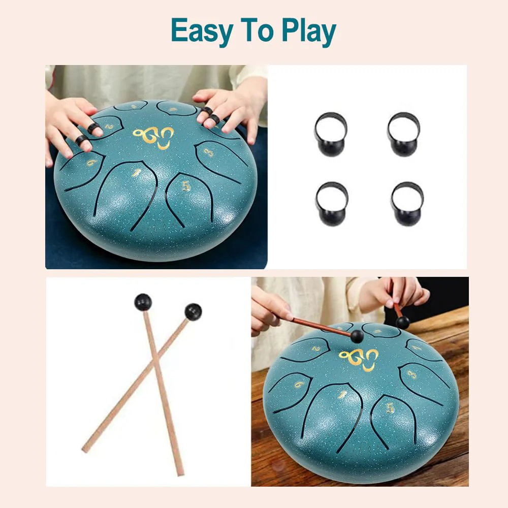 Steel Tongue Drum 6 Inches 8 Notes C Major Steel Drums Rain Chimes for Outside Percussion Instrument with Drum Mallets and Carry Bag 6 Inch 8 Notes C Major Malachite Green - Image 4