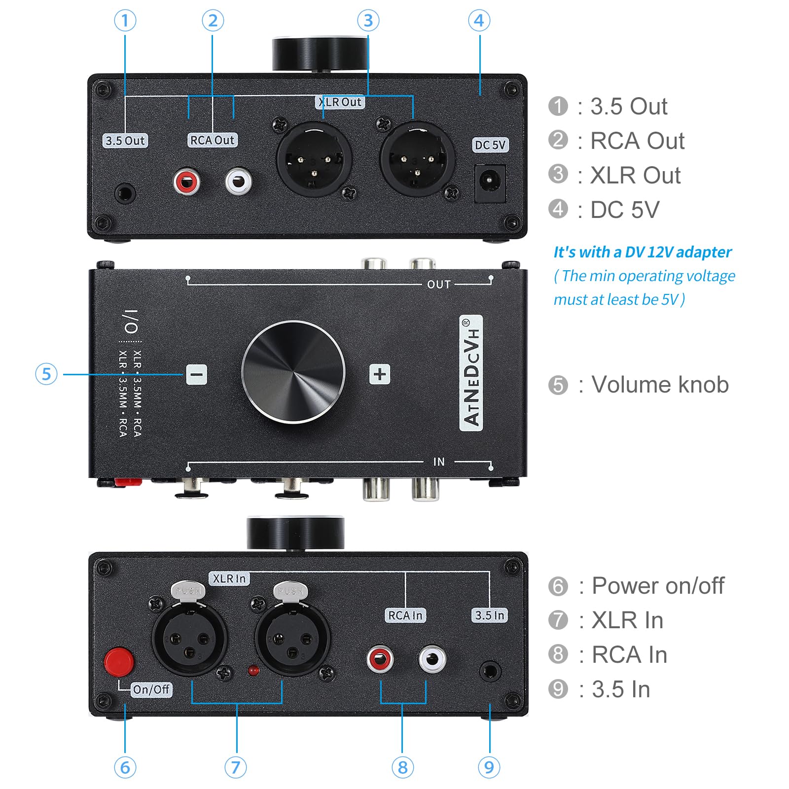 Stereo Audio Preamplifier - XLR Balanced RCA 3.5mm Input to XLR Balanced RCA 3.5mm Output Converter Adapter amp - Headphone Amplifier, Gain 20dB Phono Turntable Phonograph Preamp (Black) Black - Image 5