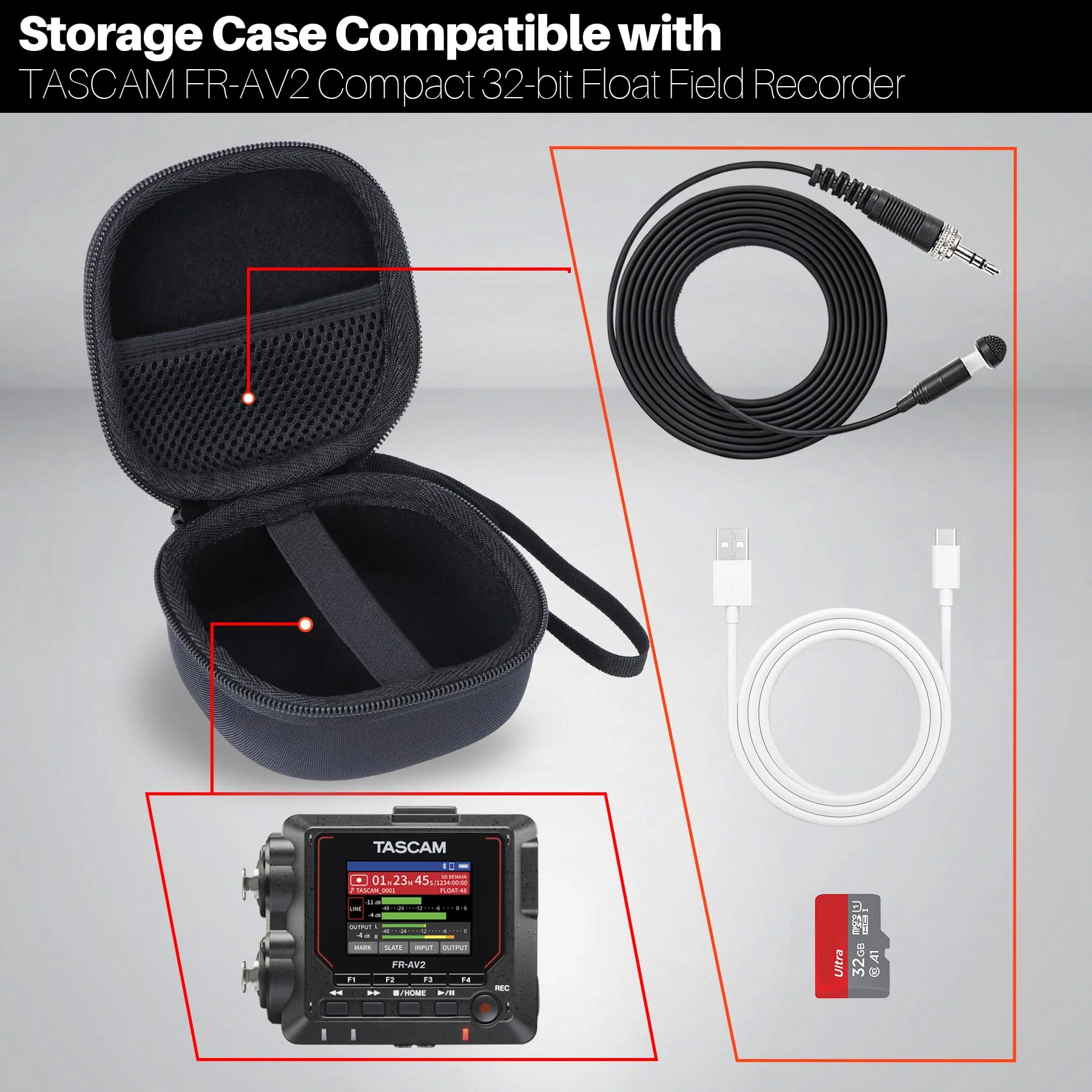 Storage Case Compatible with TASCAM FR-AV2 Compact 32-bit Float Field Recorder Timecode Generator Mixer Black Case for Tascam FR-AV2 - Image 3