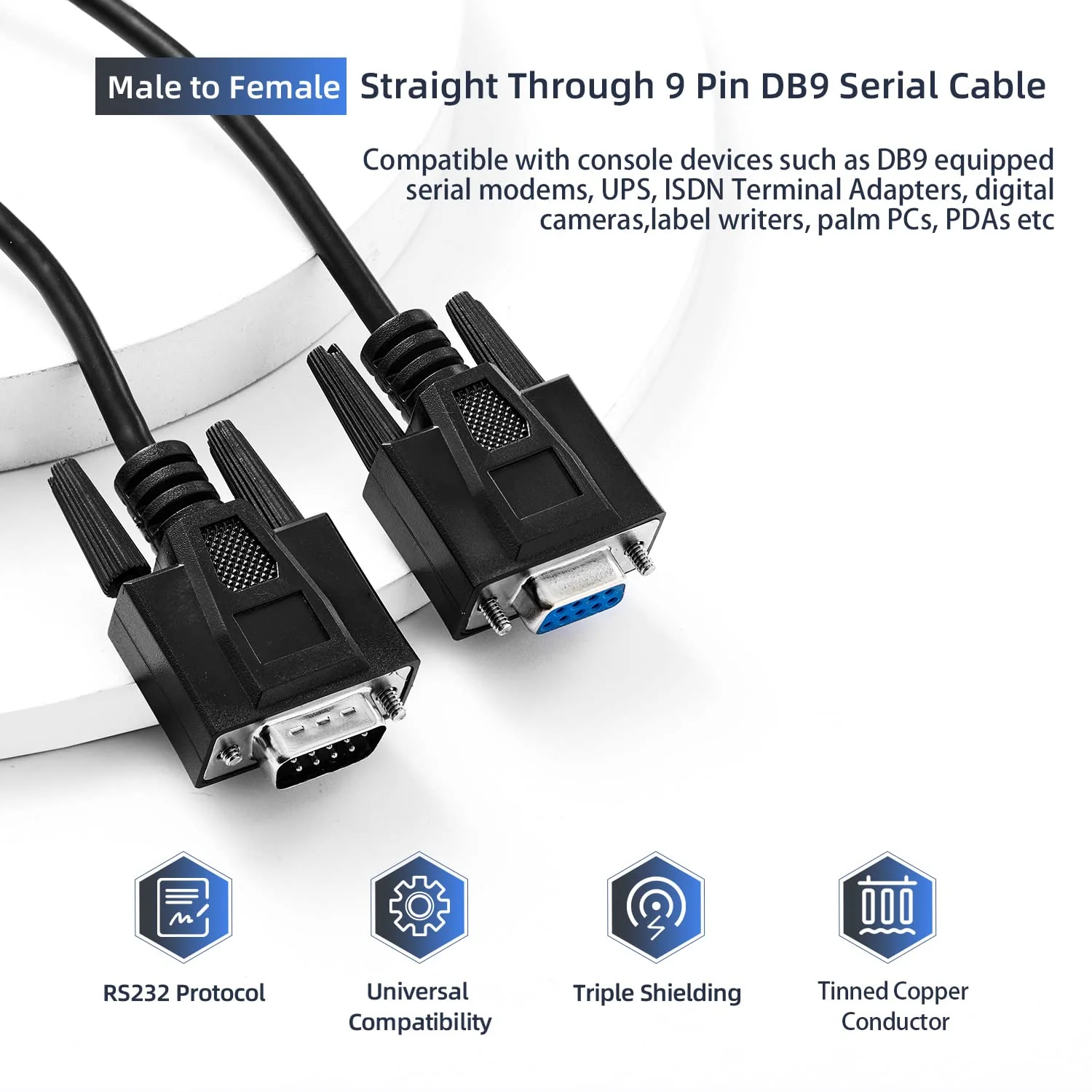 Straight Through DB9 RS232 Serial Cable, 6ft Male to Female 9 Pin Straight Through Extension Cable DB9 Male to Femal-6ft - Image 2