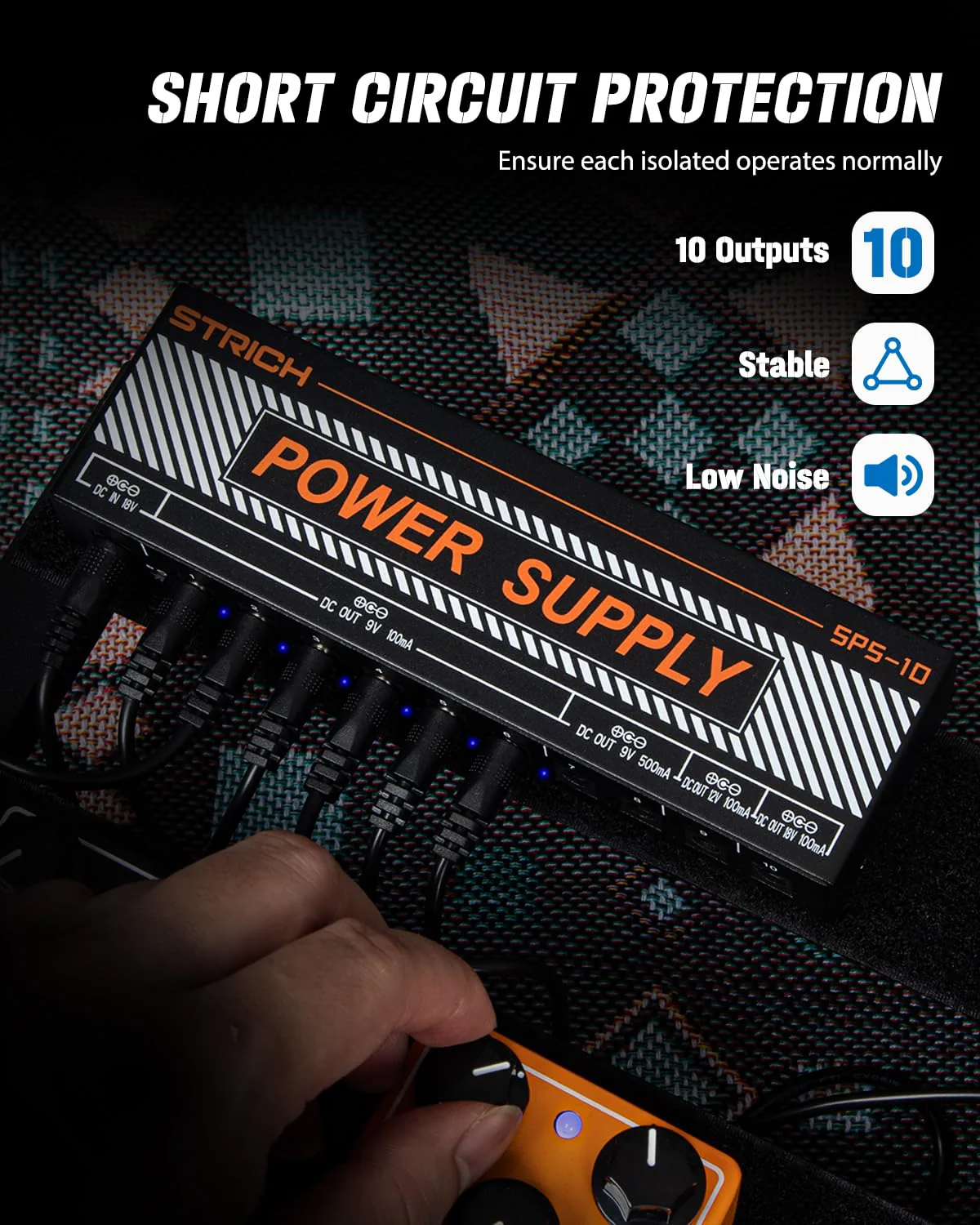 STRICH Guitar Pedal Power Supply, 10 Isolated DC Output for 9V/12V/18V Effect Pedal, 100mA 500mA Pedalboard Power Supply with Short Circuit Protection, Noise Reduction Circuit Design, SPS-10 - Image 2
