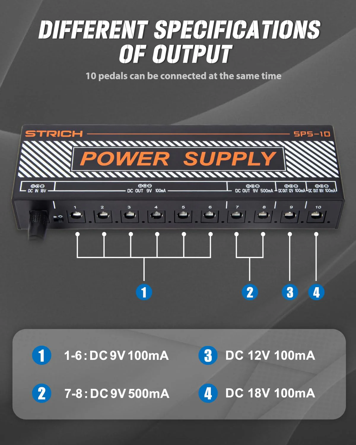 STRICH Guitar Pedal Power Supply, 10 Isolated DC Output for 9V/12V/18V Effect Pedal, 100mA 500mA Pedalboard Power Supply with Short Circuit Protection, Noise Reduction Circuit Design, SPS-10 - Image 3