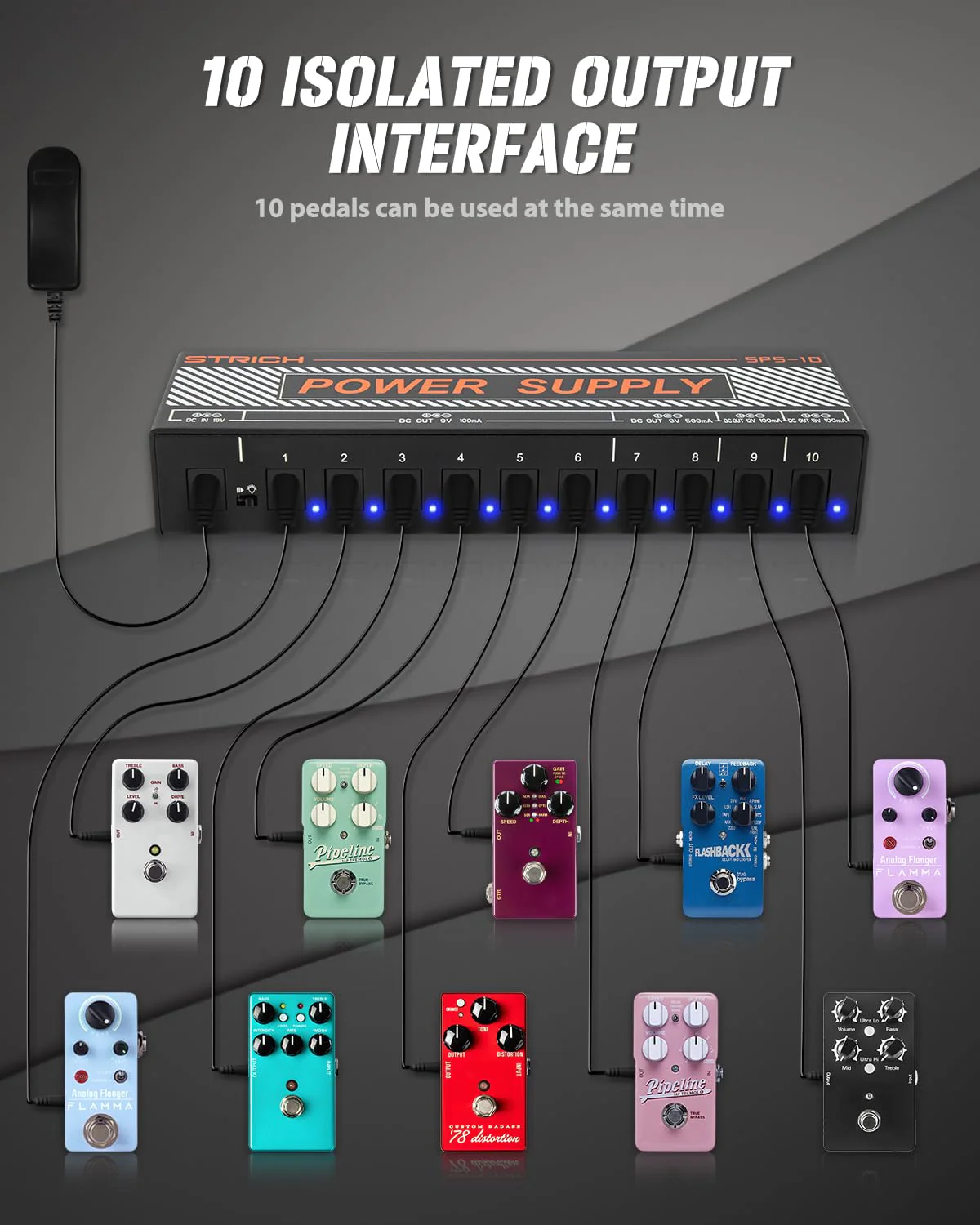 STRICH Guitar Pedal Power Supply, 10 Isolated DC Output for 9V/12V/18V Effect Pedal, 100mA 500mA Pedalboard Power Supply with Short Circuit Protection, Noise Reduction Circuit Design, SPS-10 - Image 4