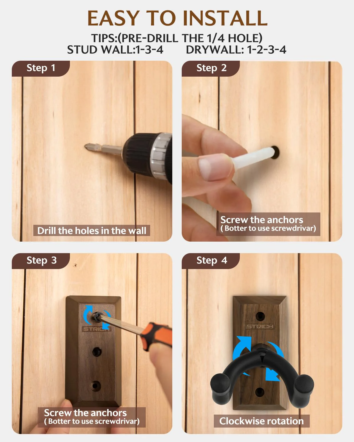 STRICH Guitar Wall Mount,Walnut Base Guitar Hanger,U-Shaped Hanger Mount with Screws, Guitar Holder Hook Stand Wall for Acoustic, Electric Guitar, Banjo, Bass(3-Pack) - Image 7