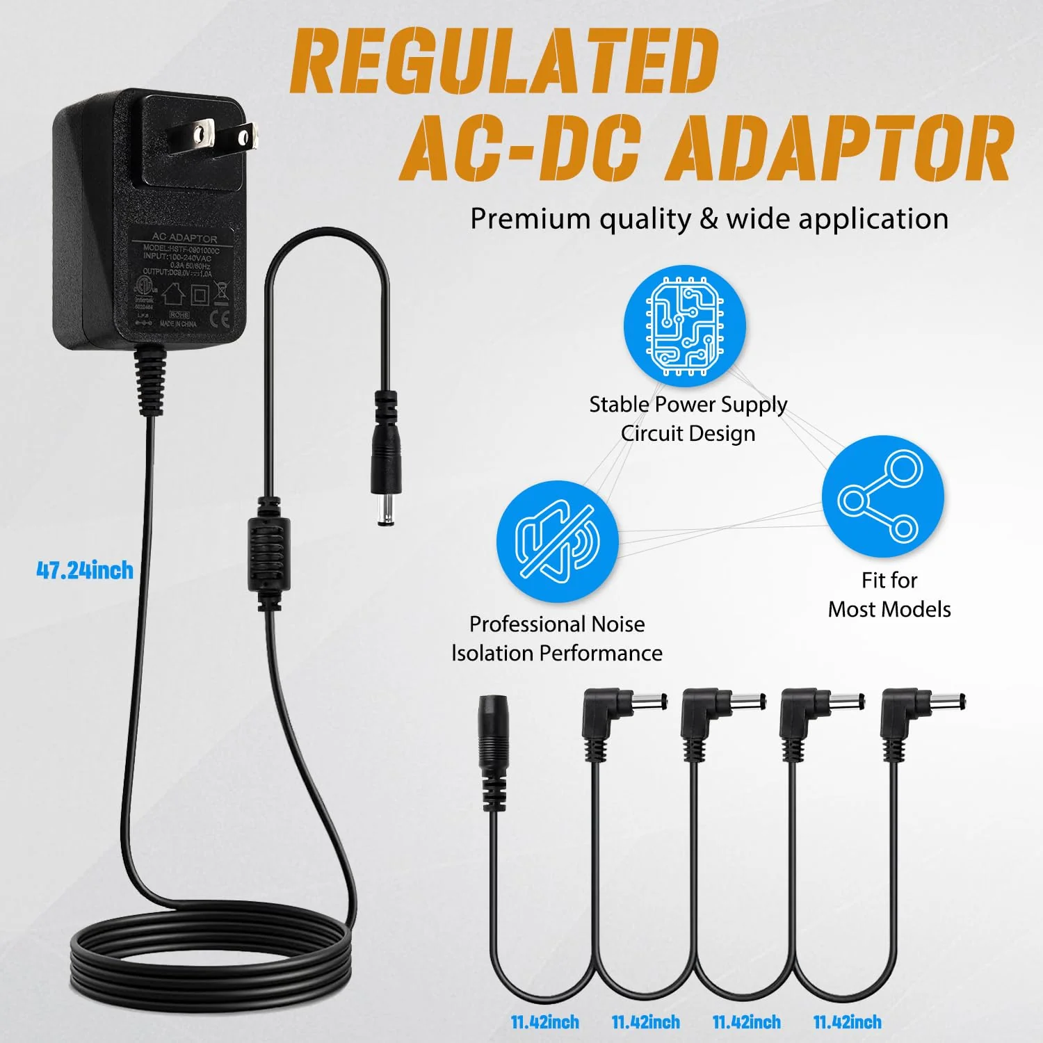 STRICH SPA-10 Guitar Pedal Power Supply Adapter (1000mA -1A) AC 9V, Compatible for Guitar Pedal Bass Effect Pedal Board (Tip Negative), 4 Way Daisy Chain Cables - Image 2