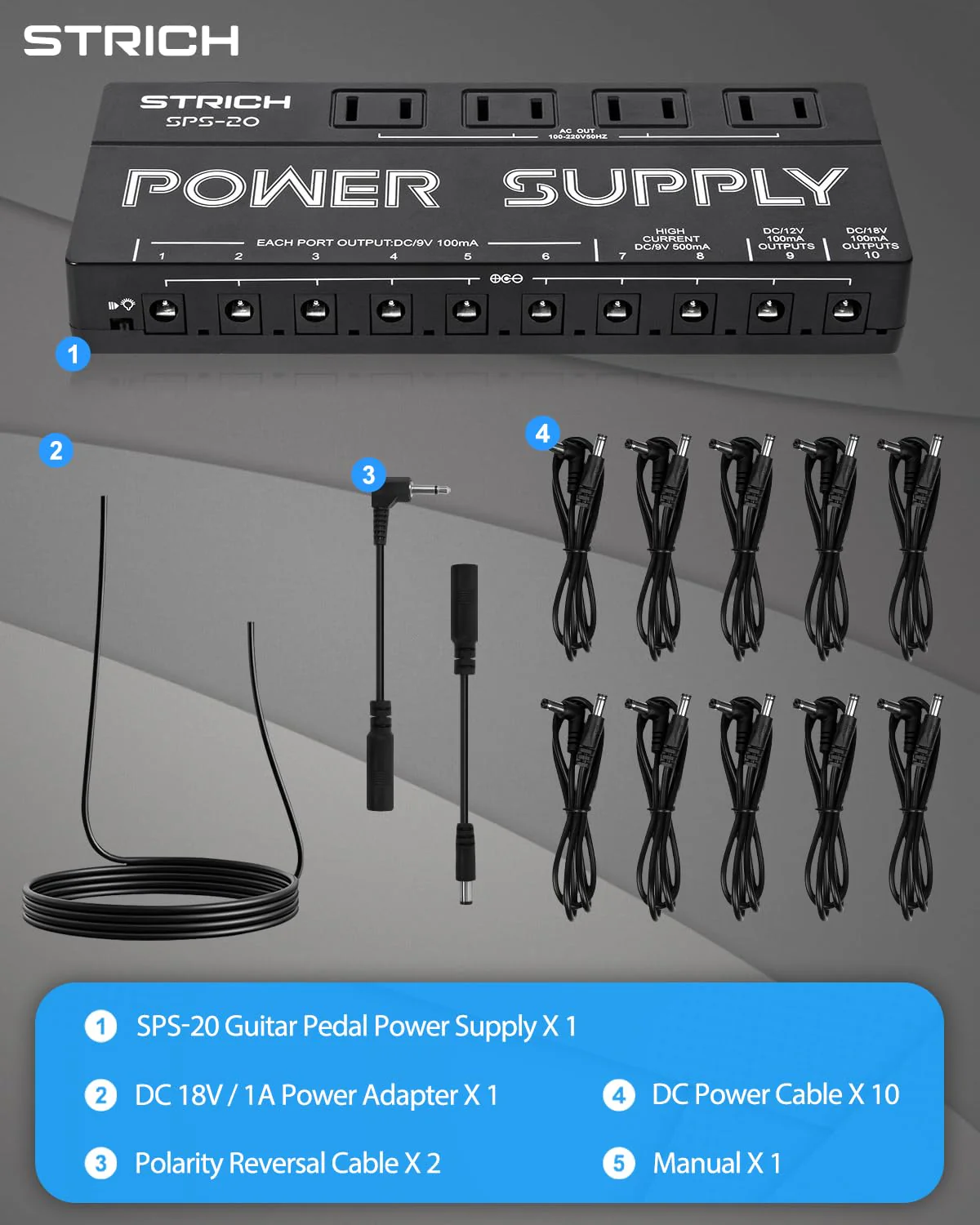 STRICH SPS-20 Guitar Power Supply 10 Isolated DC Output for 9V/12V/18V Effect Pedal - Image 7