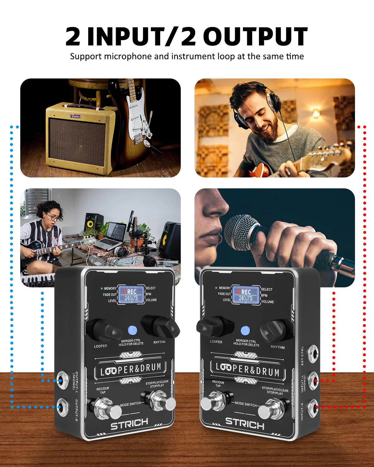 STRICH Stereo Looper Pedal Guitar Pedal with Built-in Drum Machine, 100 Diverse Drum Patterns, 160 Minutes Recording Time, USB for Audio Upload or Download, Support Footswitch Control - Image 6