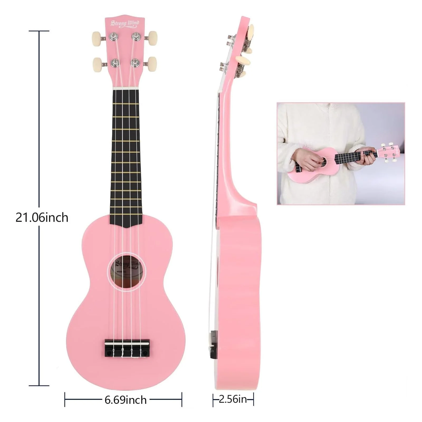 Strong Wind Soprano Ukulele 21 Inch Basswood Ukeleles for Beginners Four Strings Hawaiian Guitar Ukulele for Adults Teenagers Pink - Image 3