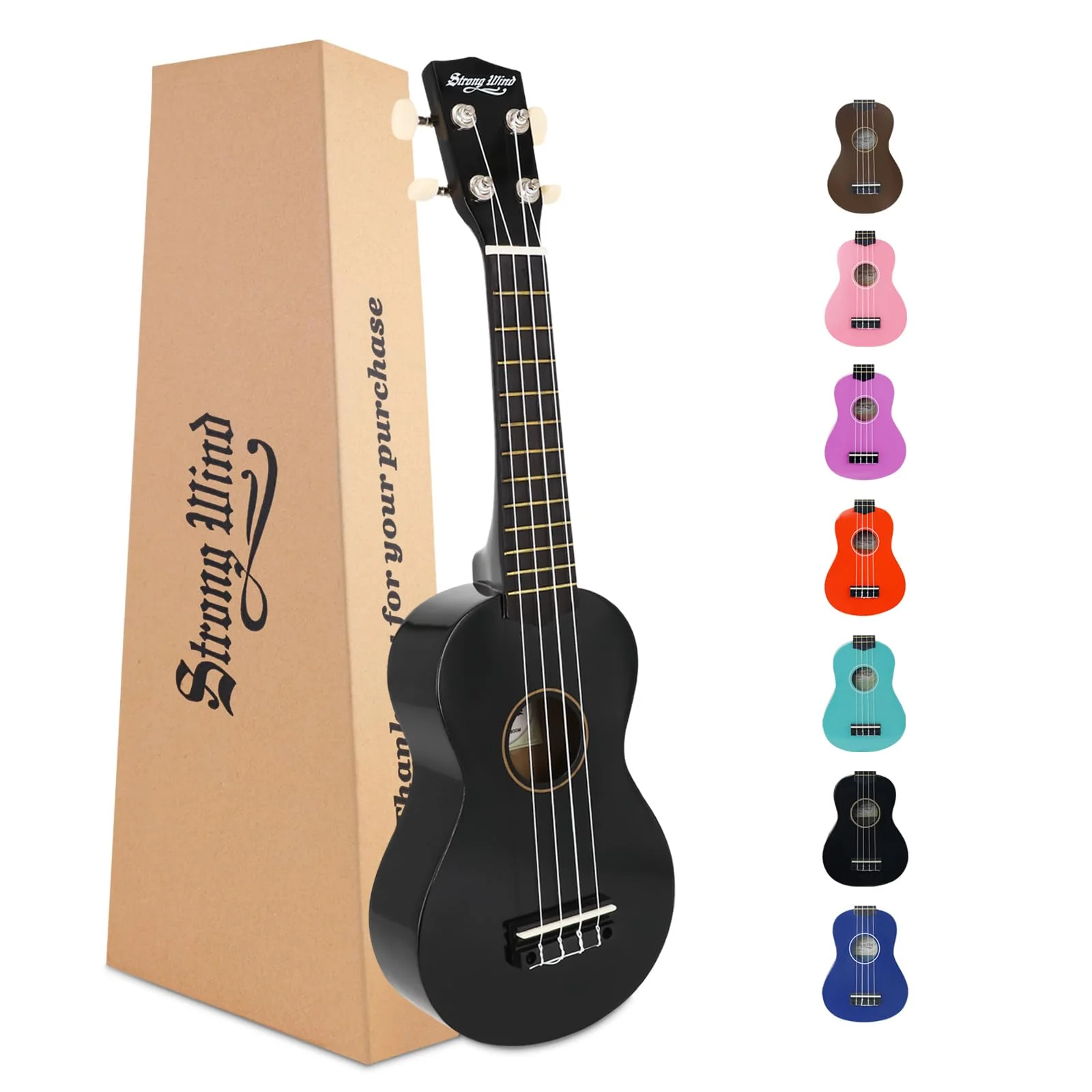 Strong Wind Soprano Ukulele - Stringed Musical Instrument Ukulele for Beginners Adults, 21 Inch Basswood Ukelele (Black) Black