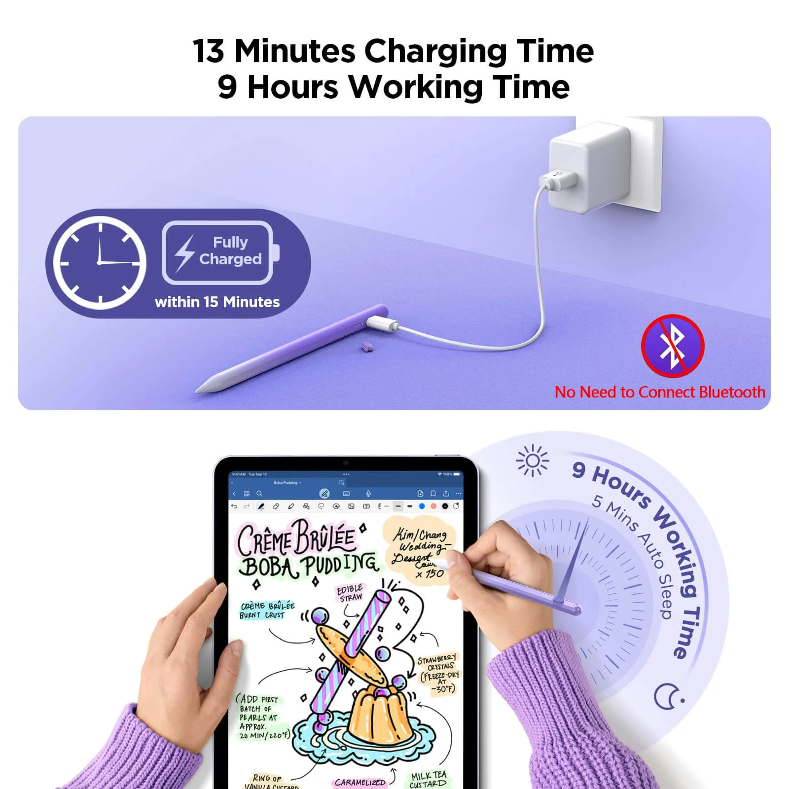 Stylus Pen for iPad 2018-2024, 15Mins Fast Charge for Apple iPad Pencil, Palm Rejection, Tilt Sensitivity, Pen for iPad 10/9/8/7/6, iPad Pro 12.9"/11"/13" M4, iPad Mini 6/5, iPad Air 5/4/3/11"-13" M2 Purple - Image 2