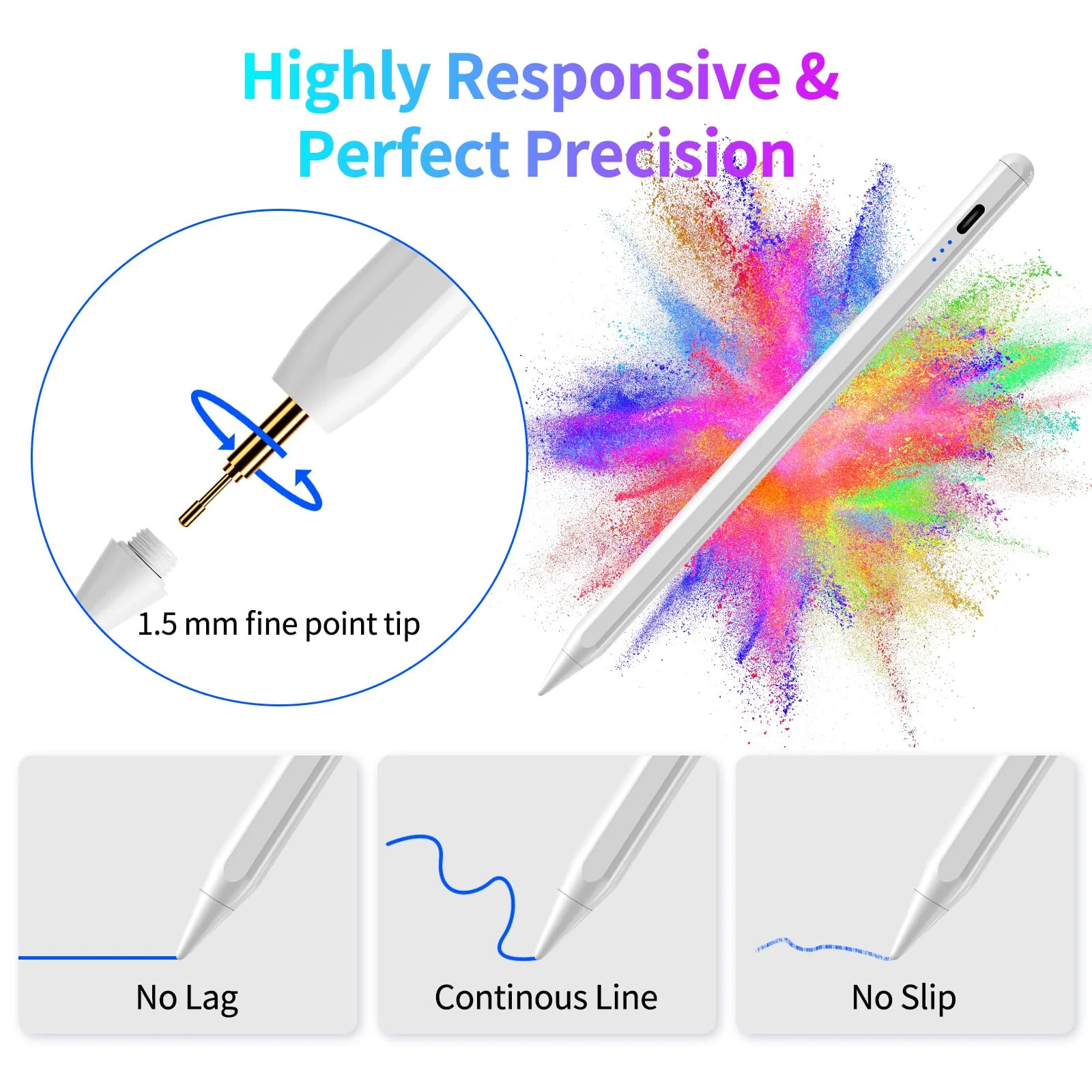 Stylus Pen for iPad, Fast Charging Pencil for Apple iPad with Palm Rejection, Tilt Sensitivity for iPad 6-10, iPad Pro 11"/12.9"/M4, iPad Air 3/4/5/M2, iPad Mini 5/6, Austere White - Image 4