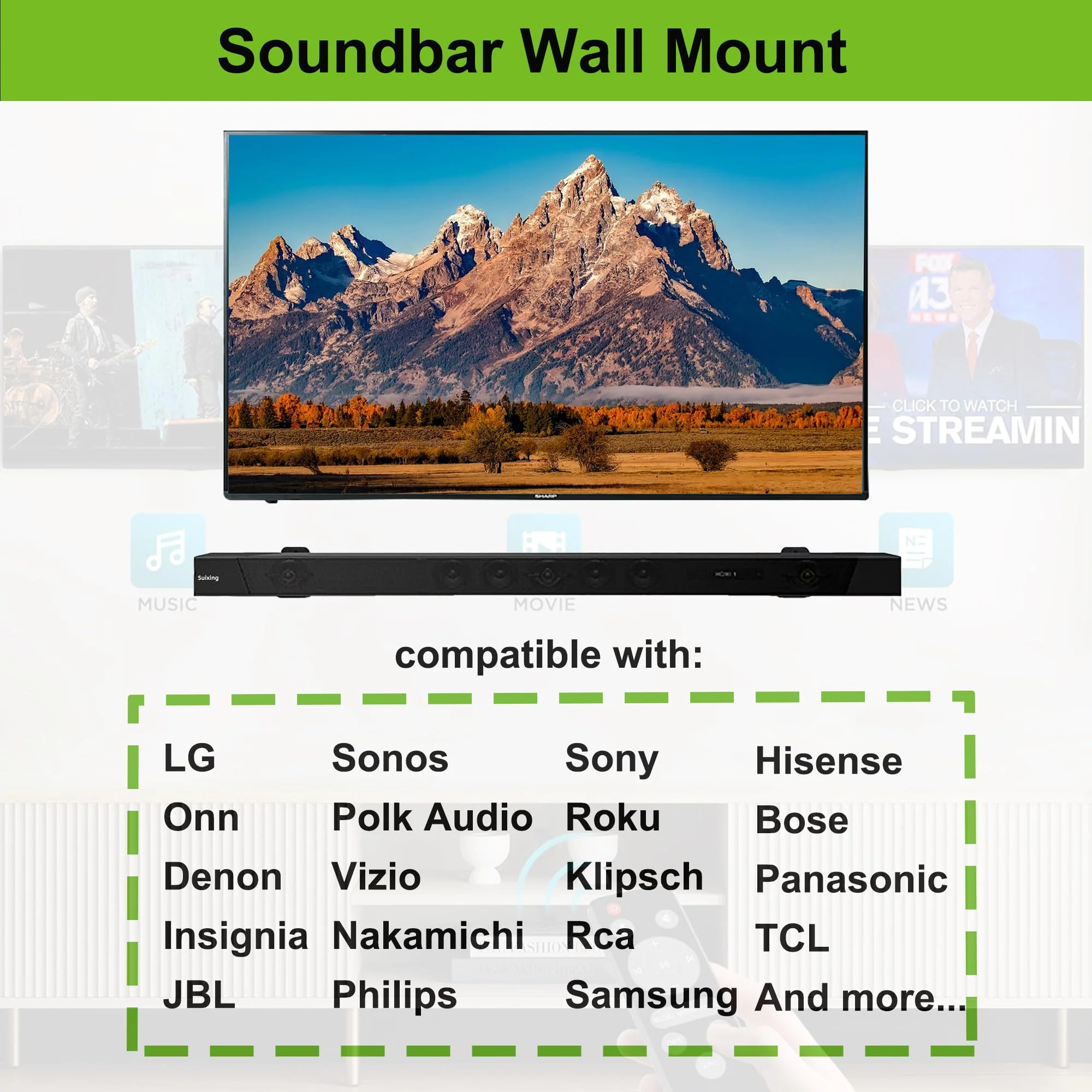Suixing Adjustable Soundbar Mount, Universal Sound Bar Wall Brackets Works with Most Sound bar Mounts, Length Adjustable 3.4''-5.2'', Removable and Lockable Mounting Bracket(Curved) Black_3.4"-5.2" Length Adjustable 3.4"-5.2" - Image 3