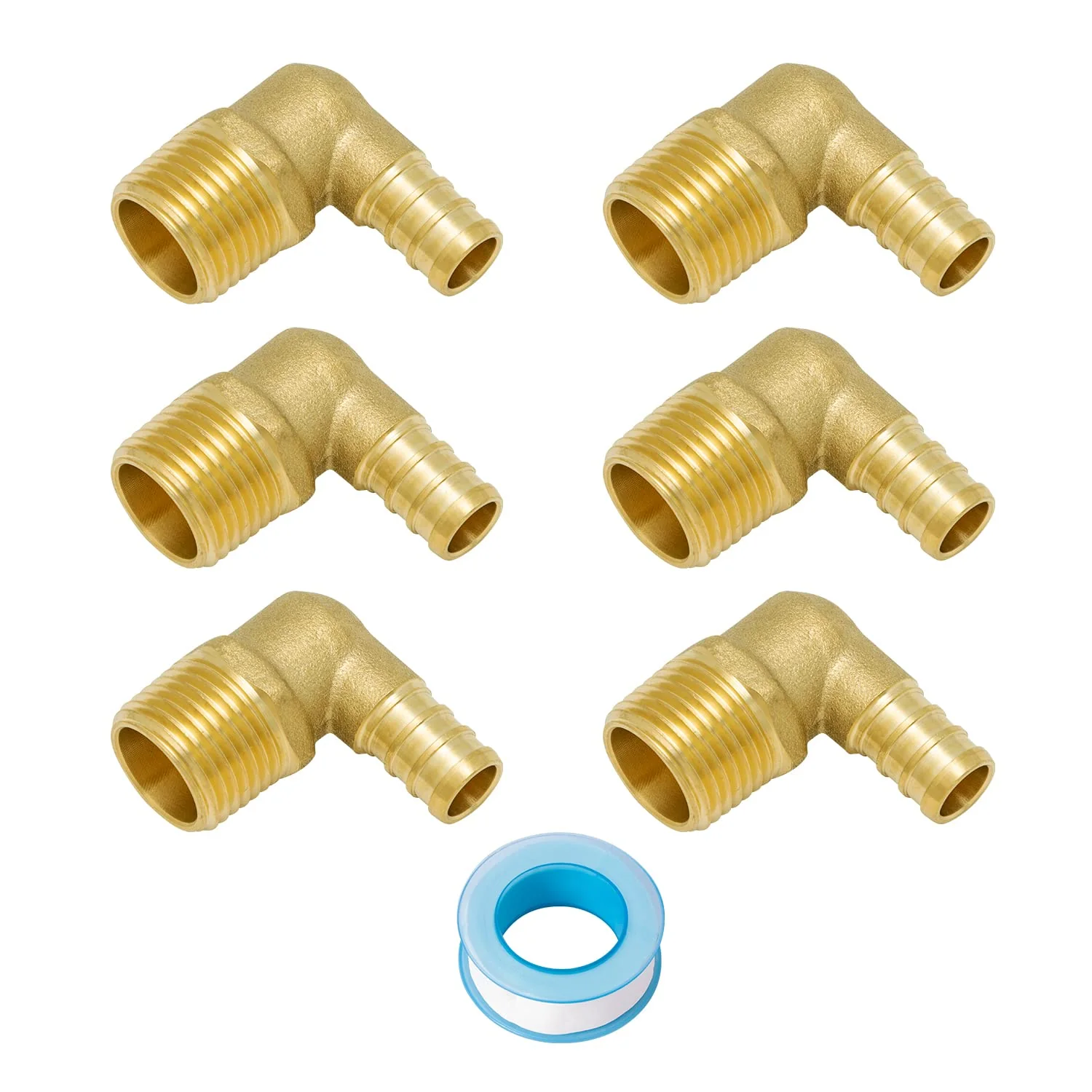SUNGATOR 6-Pack PEX 1/2"x 1/2" NPT Elbow Male Threaded Adapter Crimp Fitting, No Lead Brass with Sealing Tape 1/2" Pex x 1/2" NPT Male Elbow, 6