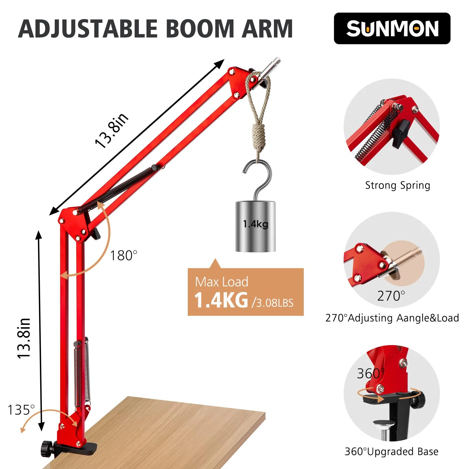 SUNMON HyperX QuadCast Boom Arm - Red Boom Arm for Hyper x QuadCast with Red QuadCast Pop Filter, Sound Insulation and Noise Reduction, HyperX QuadCast Microphone Arm with 3/8" to 5/8" Adapter - Image 2
