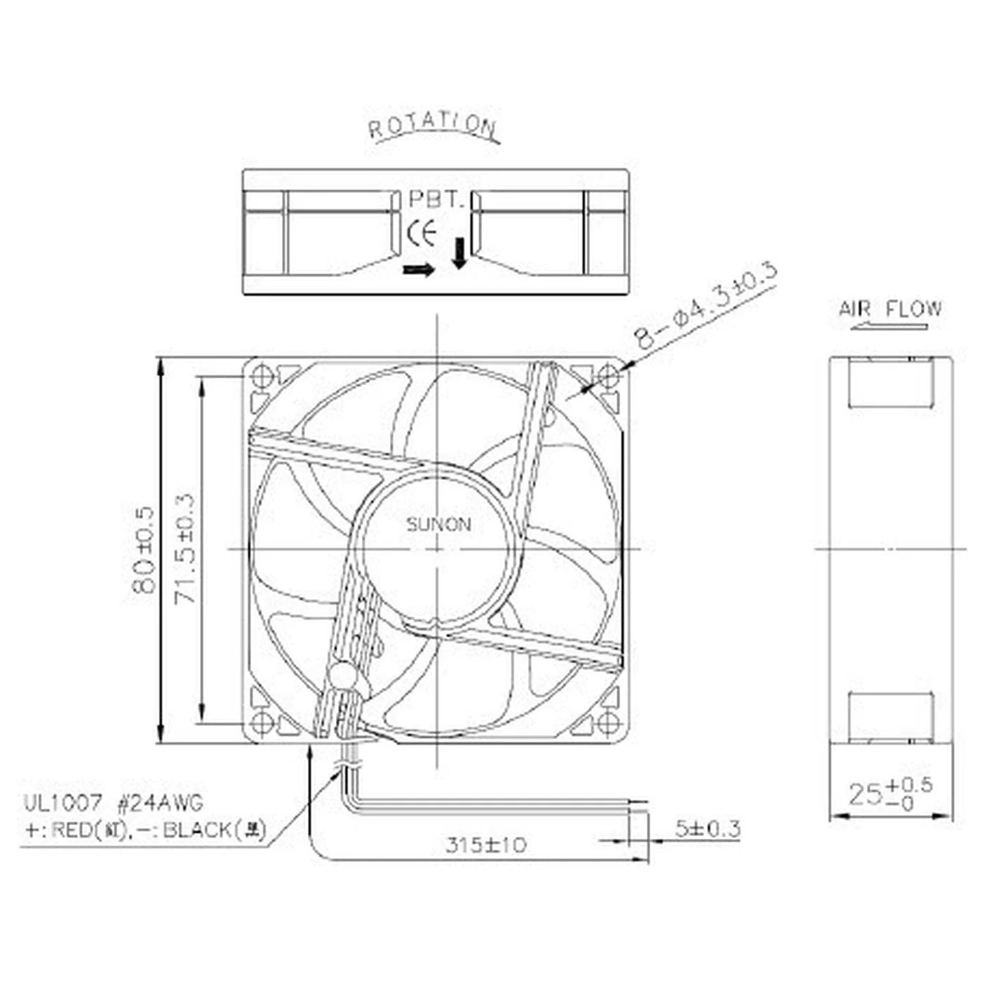 Sunon MF80252V11000UA99 Fan 24 V DC 1.56 W 80 x 80 x 25 mm 69.6 m³/h 69.6 m³/h 69.6 m³/h - Image 2