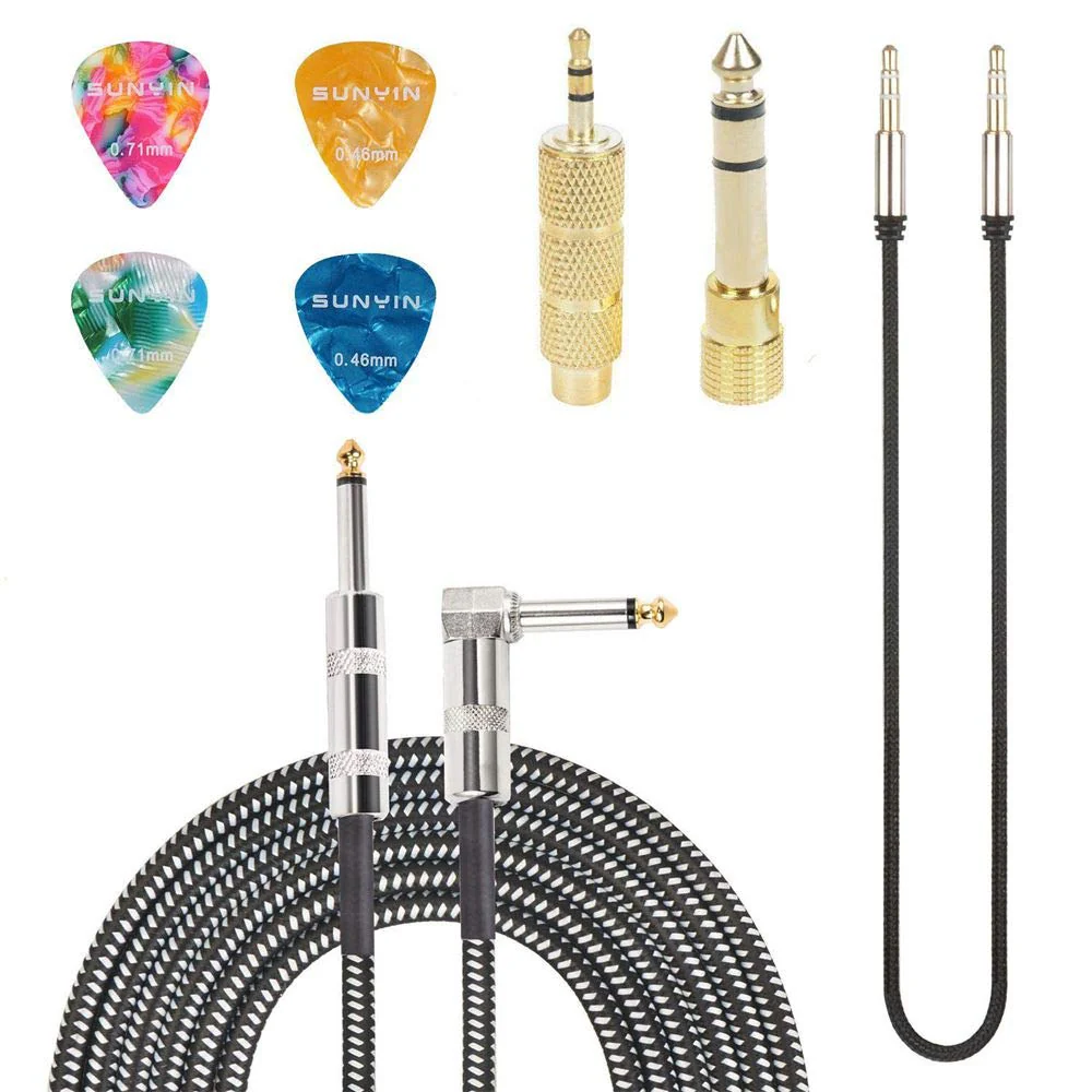 SUNYIN Amp Cord for Electric Guitar,30-Feet Acoustic Guitar Cable,Straight to Right Angle Guitar Amp Cord with Gold Plated 3.5mm&6.5mm Stereo Adapter,Audio Cable,4 Picks 30-Feet