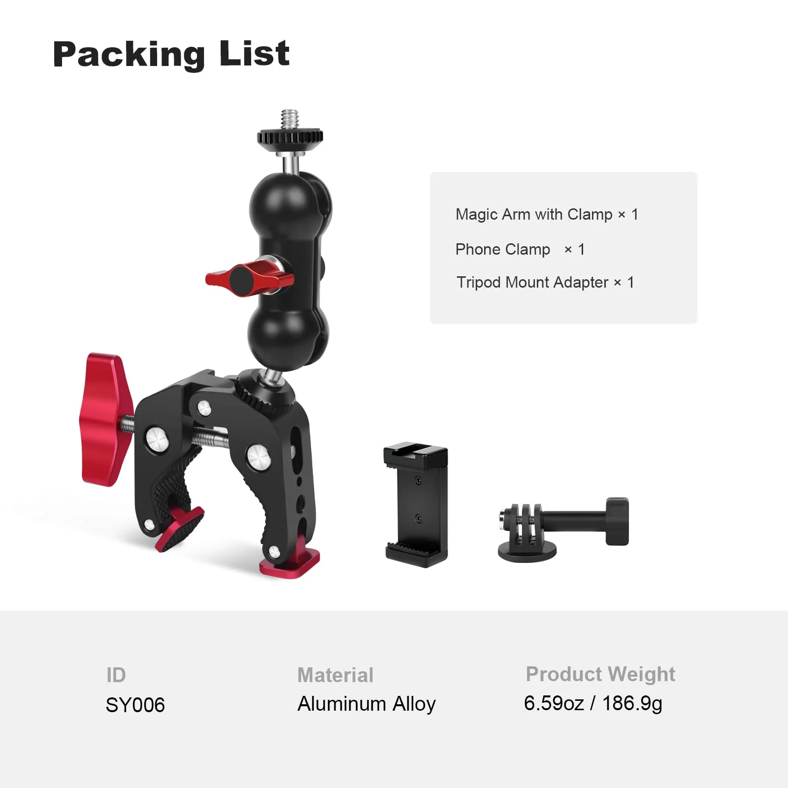 Super Clamp with Dual Ballhead Magic Arm, Aluminum Camera Clamp Mount Kit for DSLR Action Camera/Phone/Monitor/Video Light/Microphone, Camera Mount for Tripod/Desk/Tube (SY006) - Image 9